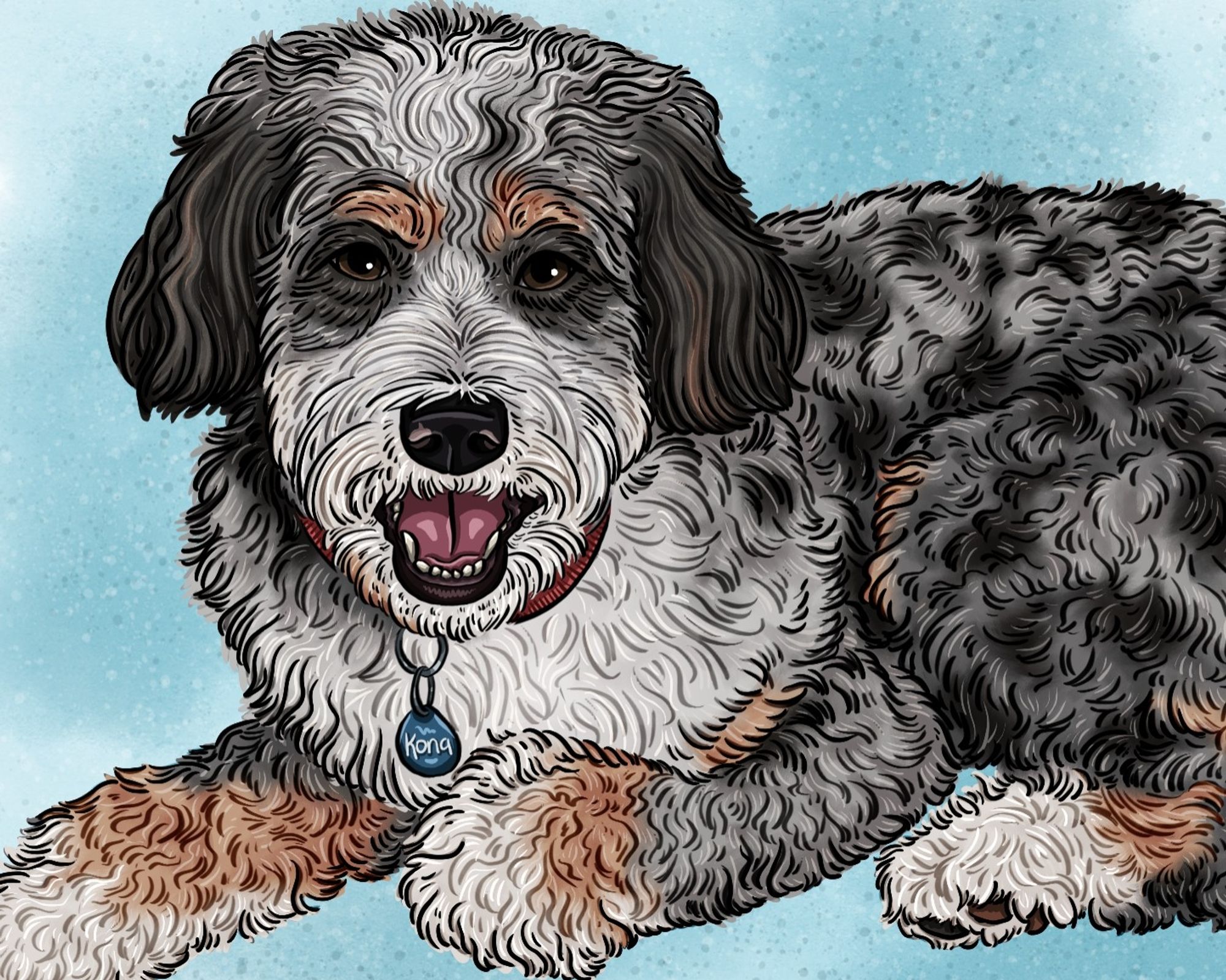 Artwork of a white, gray, and brown dog with curly hair and a big smile.