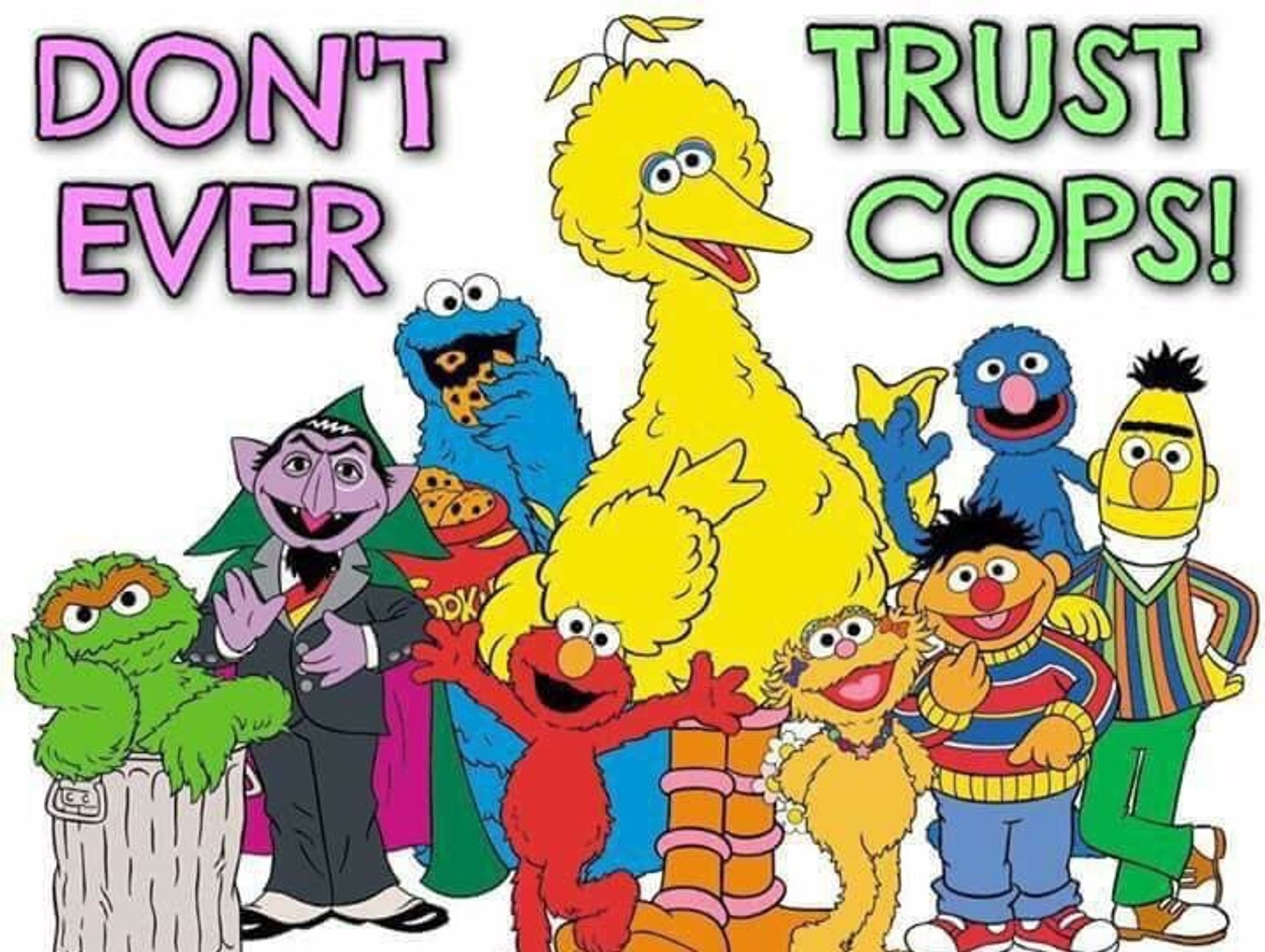 A bunch Seasame Street characters with the text "DON'T EVER TRUST COPS" in the background.