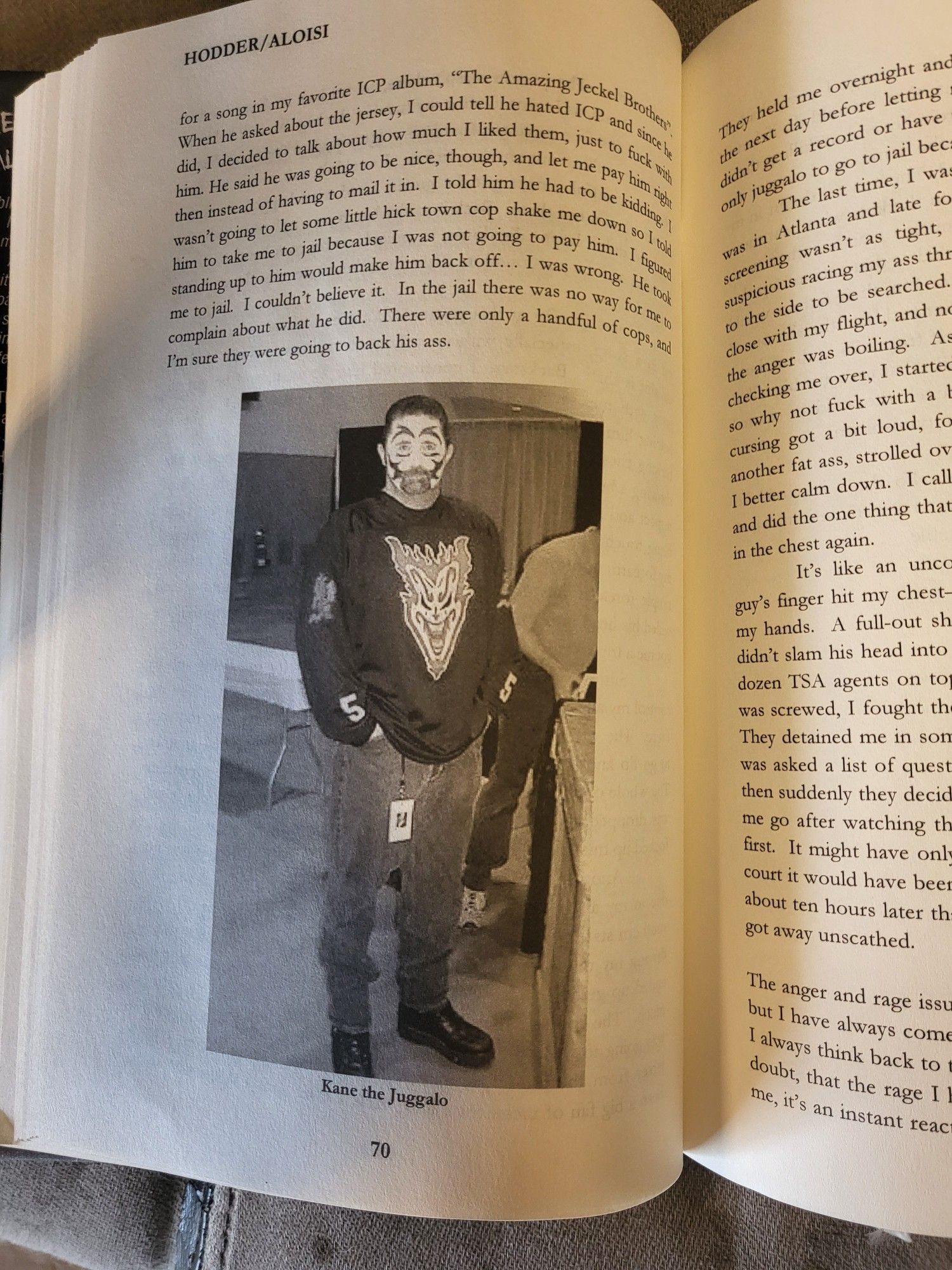 Picture of actor/stuntman Kane Hodder dressed up in Juggalo fave paint and ICP clothing from his autobiography "Unmasked"