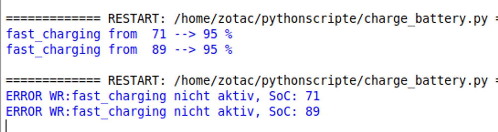 Der "Füllgrad" der Batteriespeicher kann vorgegeben werden. Je nachdem sieht die Ausgabe so aus, dass fast_charging aktiviert wird, oder nicht.