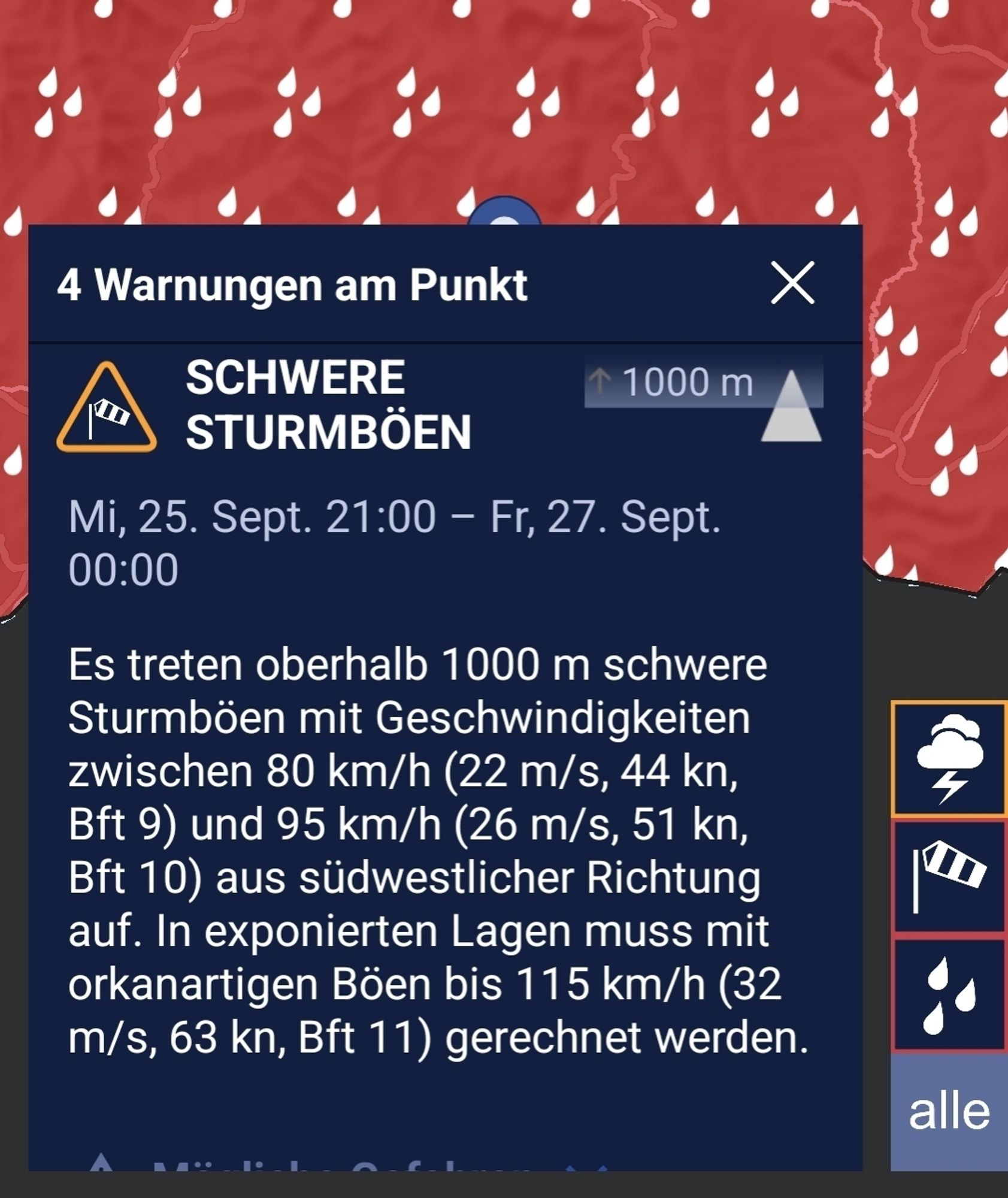 Wetterwarnung, alles dunkelrot.