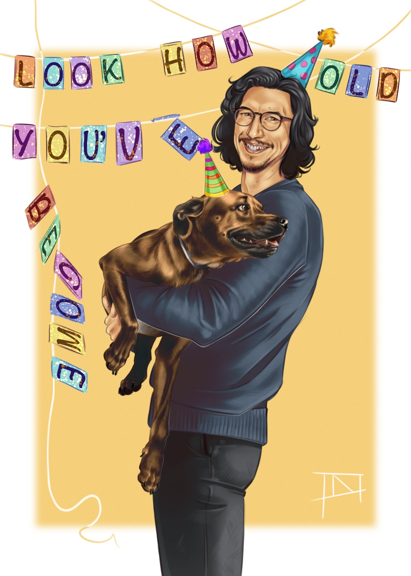 Actor Adam Driver holding his dog Moose, both look happy and festive