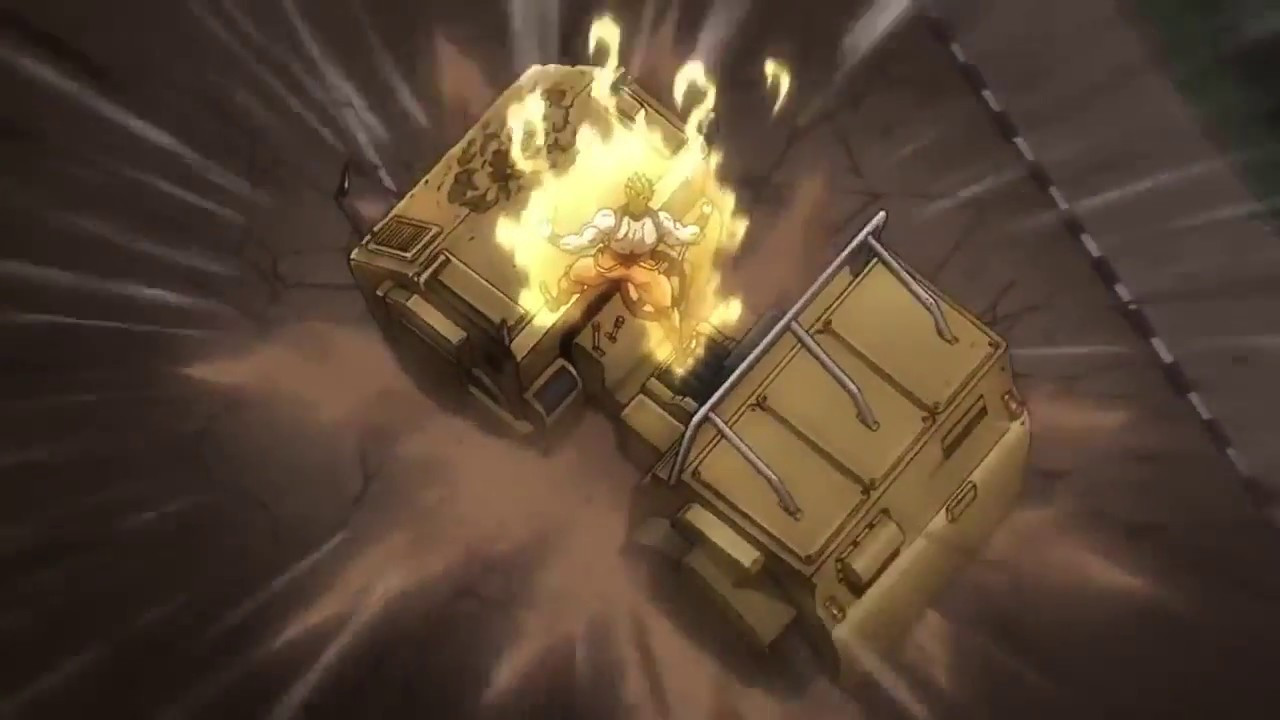 Dio Brando from JoJo's Bizarre Adventure: Stardust Crusaders, attacking a road roller.