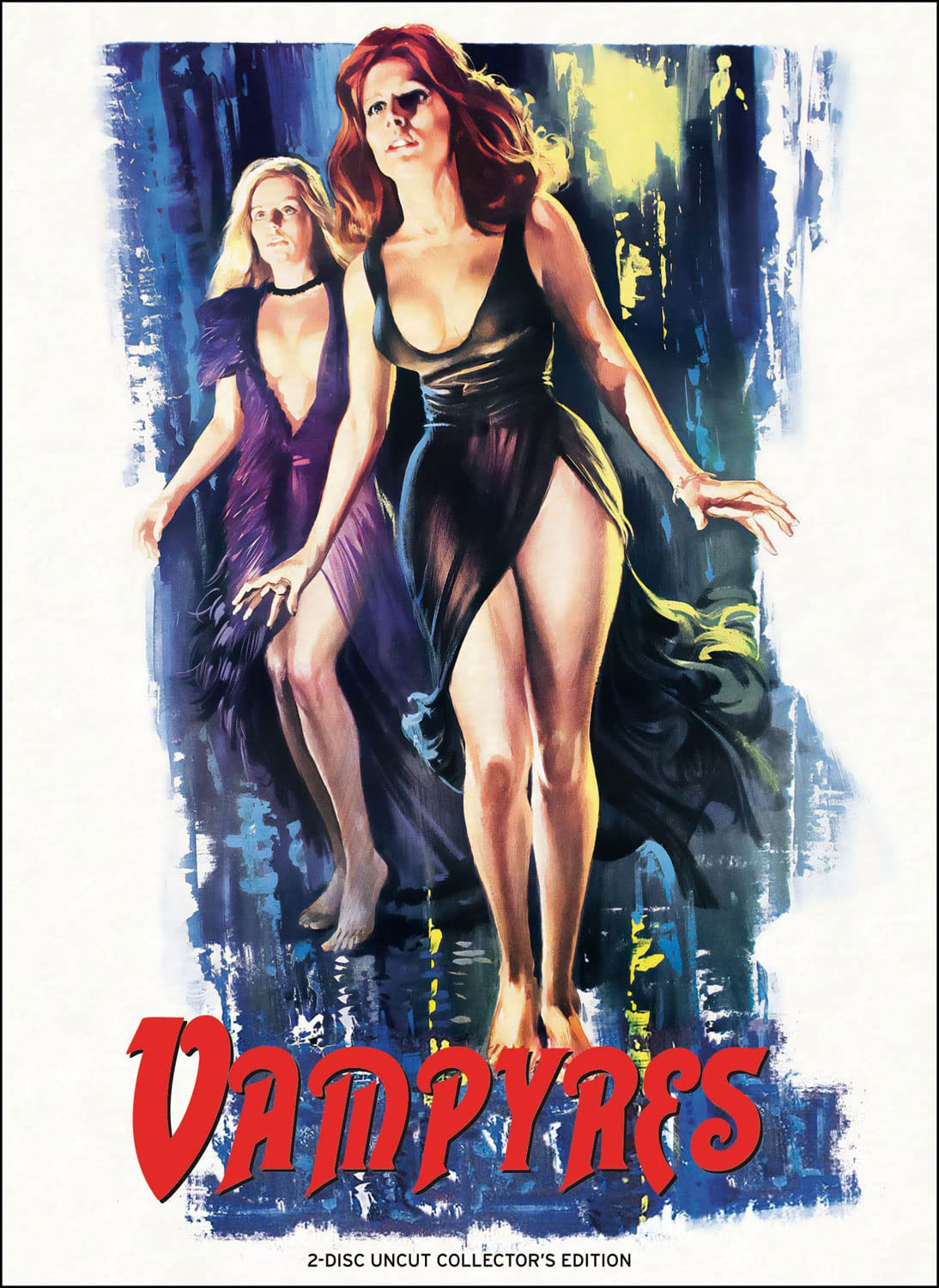 Poster for the movie Vampyres. A pulpy painting of two smexy vampire ladies in revealing dresses. 