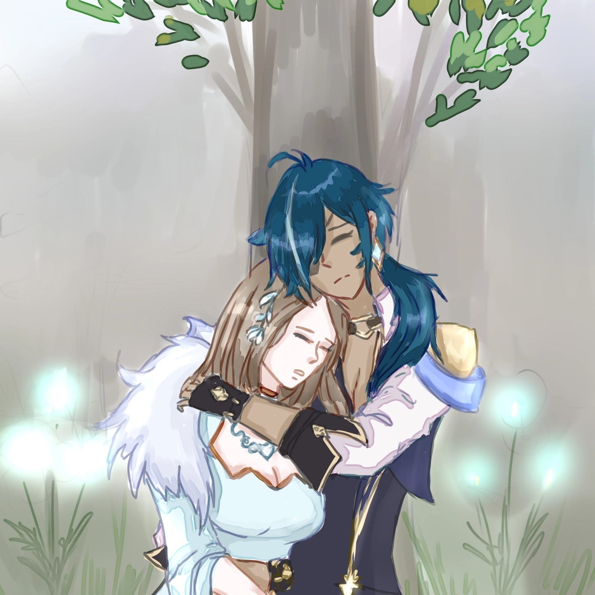 Kaeya from Genshin impact hugs and girl with brown hair in the forest. Their eyes are closed, they seems to be sleeping