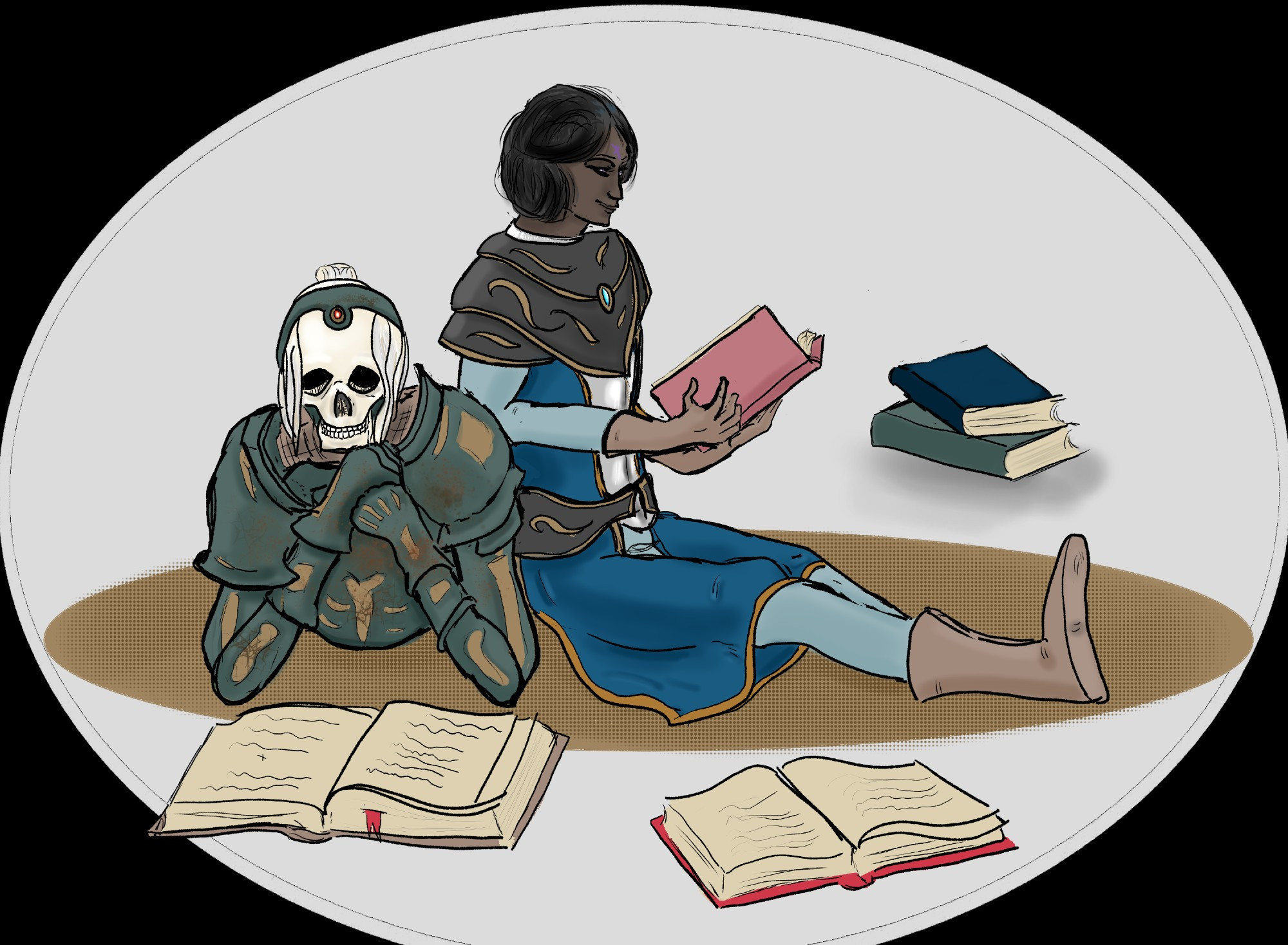 Drawing of Ensha from Elden Ring and Izar, a Tarnished astrologer. Ensha is propped onto his armored elbows and reading a book, while Izar is sittining leaning against him comfortably and reading as well. They're both surrounded by more books.