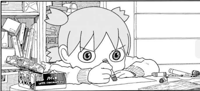 Yotsuba with a serious expression on her face holding a crayon over a blank sheet of paper