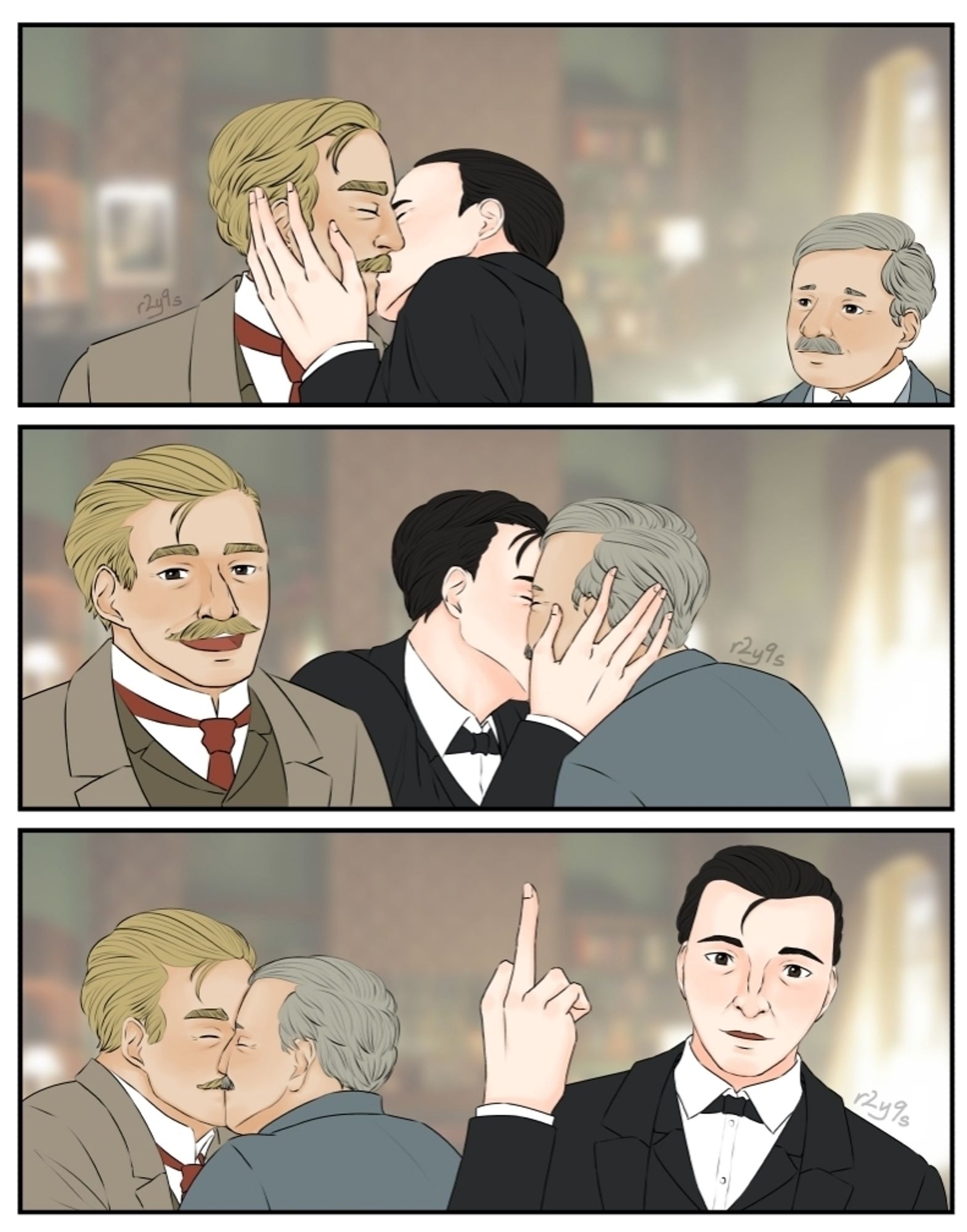 a drawn 3 panel comic featuring sherlock holmes, portrayed by jeremy brett, john watson, portrayed by david burke, and john watson, portrayed by edward hardwicke. panel 1: holmes is kissing burke's watson while hardwicke's watson comes into the panel from the right. panel 2: burke's watson smiles at the viewer while holmes turns to kiss hardwicke's watson. panel 3: holmes is facing the viewer and flipping the bird while both watsons are kissing behind him.