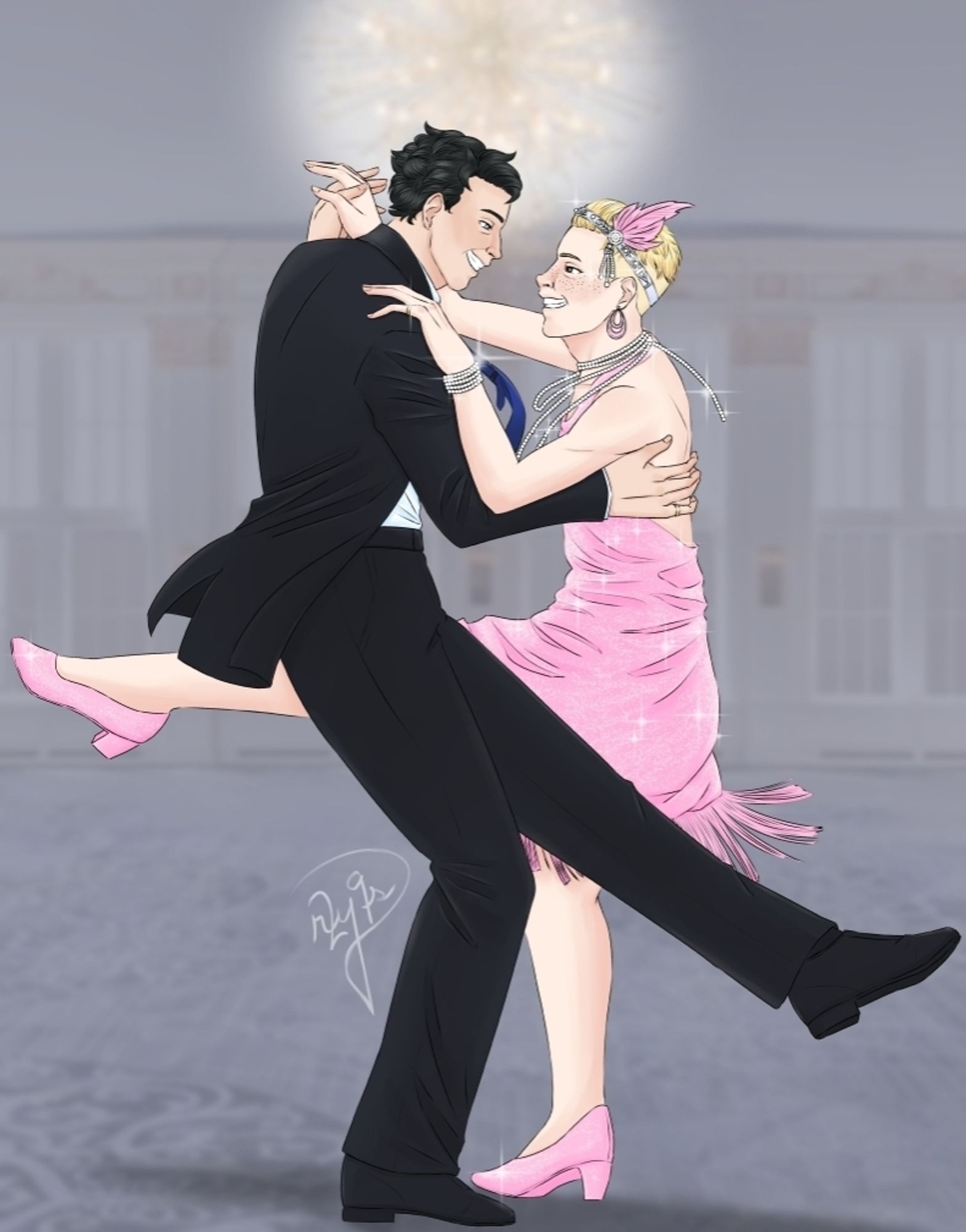 a drawing of raffles and bunny doing a type of swing dance together alone in a ballroom, both of them smiling at each other. raffles is wearing a black suit and blue tie. bunny is wearing a pink sparkly flapper dress with matching high heeled shoes, dangly earrings, and headband with a pink feather accessory. he's also wearing pearls around his neck and wrist. they both have a gold ring on their pinky fingers.