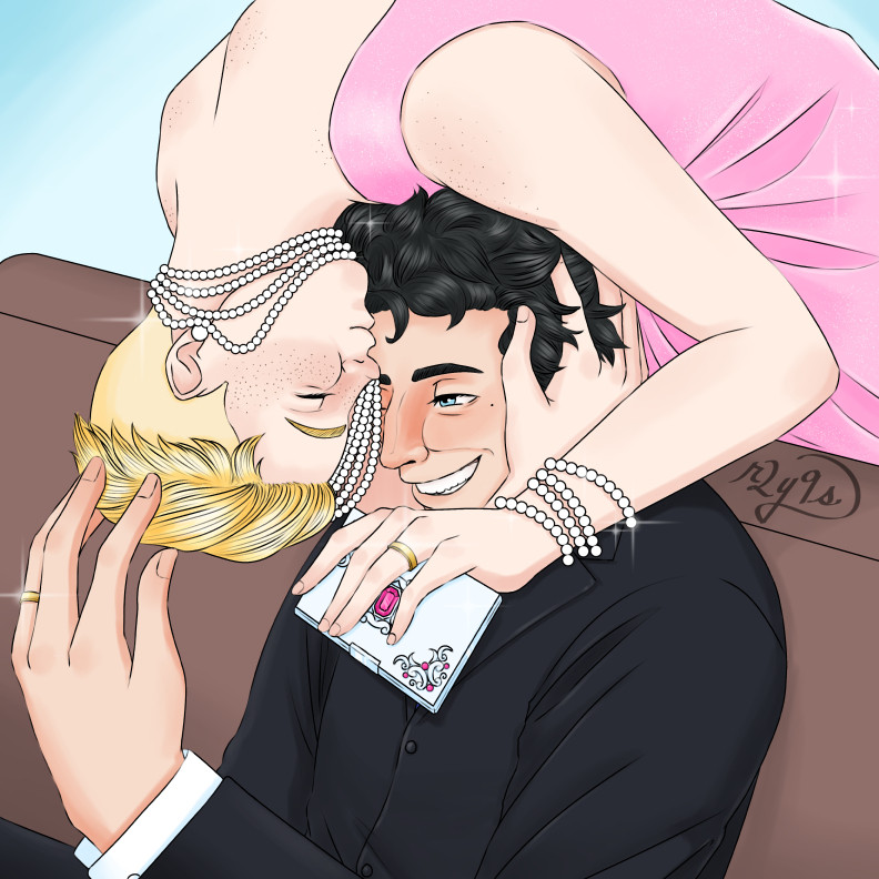 a digital drawing of Bunny and Raffles from the Raffles stories by E.W. Hornung. Bunny is wearing a glittering pink dress, a large pearl earring, and strings of pearls around his neck and wrist. Raffles is wearing a black suit jacket over a white button up shirt. Raffles sits on a couch, smiling at Bunny, as Bunny leans over Raffles as he stands behind the couch and cradles Raffles' head in his right arm, giving him a kiss on the forehead upside down and the pearls around his neck gather under Bunny's chin and hang down in front of his and Raffles' faces. Bunny's left arm is resting on Raffles' shoulder and in his hand is a silver cigarette case with several small red jewels decorating the top left and bottom right corners, a large red jewel in the center, and surrouded by decorative engravings. Raffles left hand is raised and is lightly touching the back of Bunny's head with the tips of his fingers. They are both wearing simple gold bands on their ring fingers.