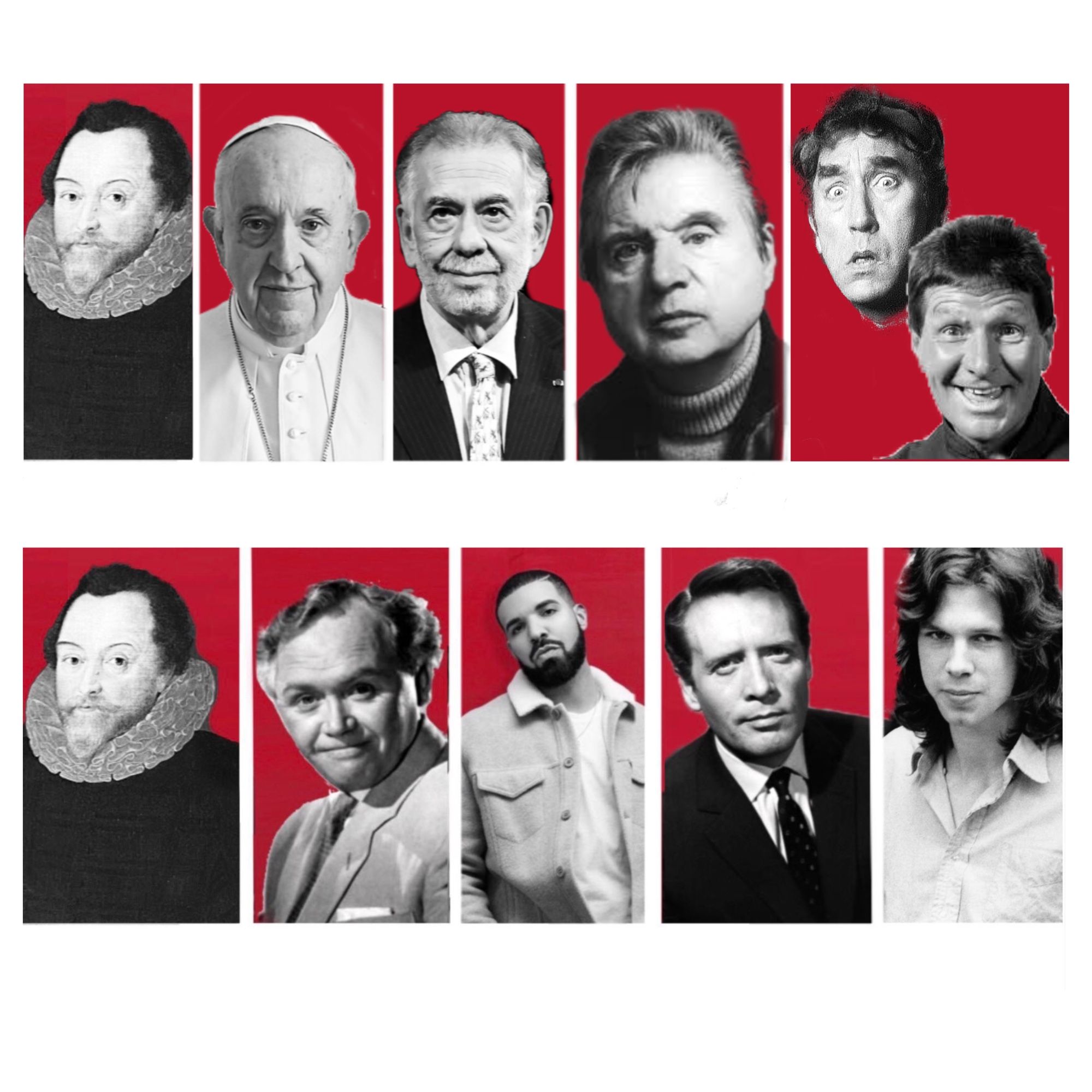 Monochrome head & shoulders photos of various male celebrities & figures past and present - black and white with a plain red background arranged in two rows. They are connected by their names.