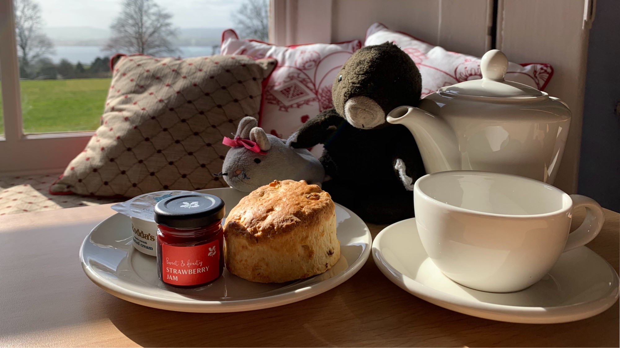 A plushy mouse and mole with a national trust cream tea, scone & jam, white china teacup & teapot, in a sunnny window seat with tasteful cushions