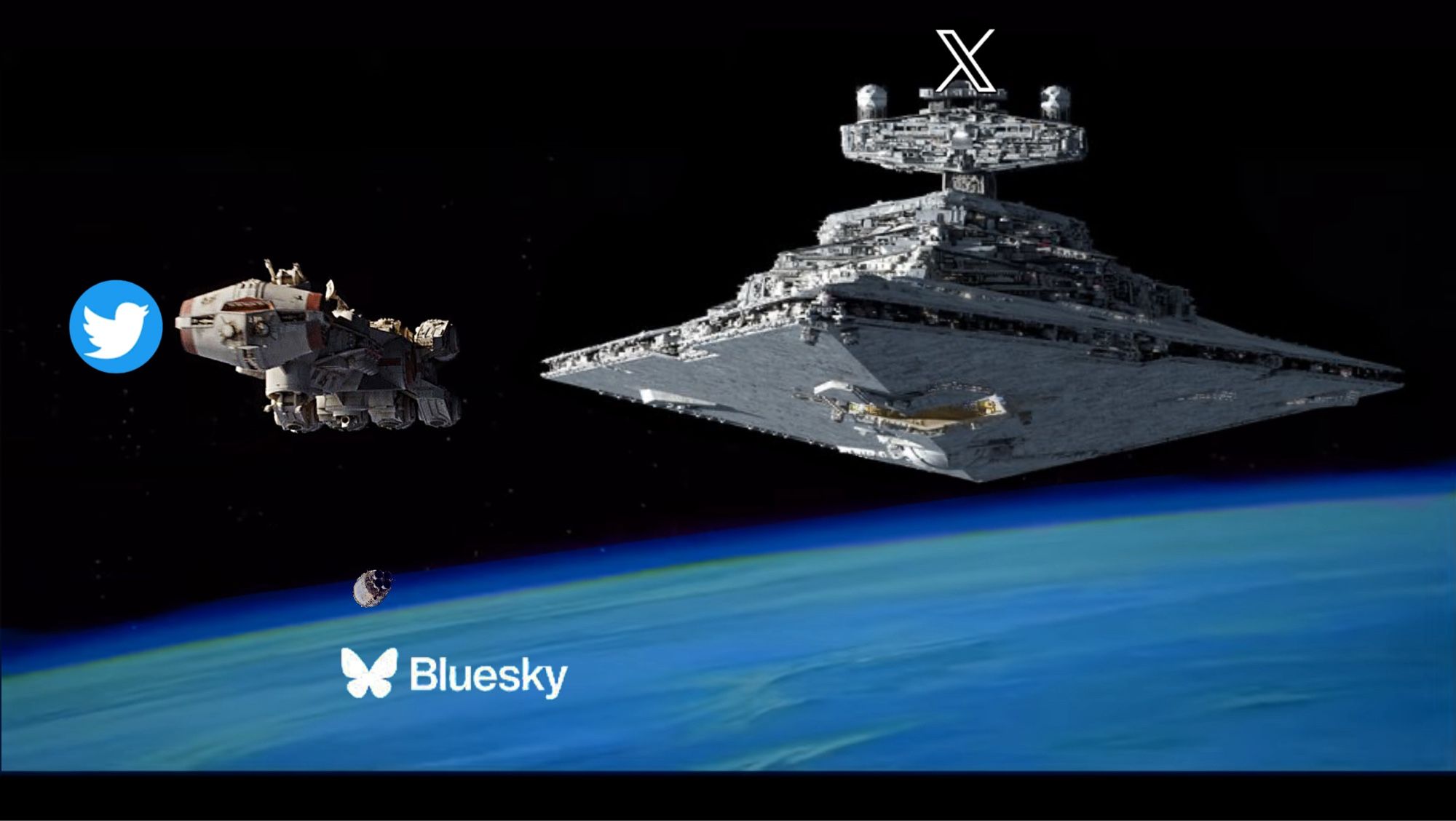 Opening scene from the original Star Wars: A New Hope tweaked. Smaller Tantive IV is ‘Twitter’ pursued by a larger Imperial Star Destroyer ‘X’; the tiny escape pod heading down to the planet is marked ‘Bluesky’