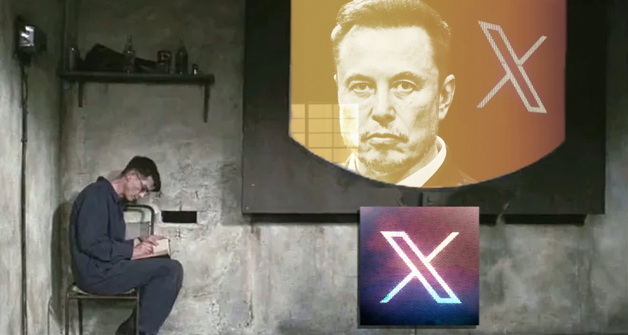 1984 - John Hurt as Winston Smith sat writing a secret diary trying to avoid the gaze of Big Brother on the telescreen - only its Musk and the  X logo on the screen instead.