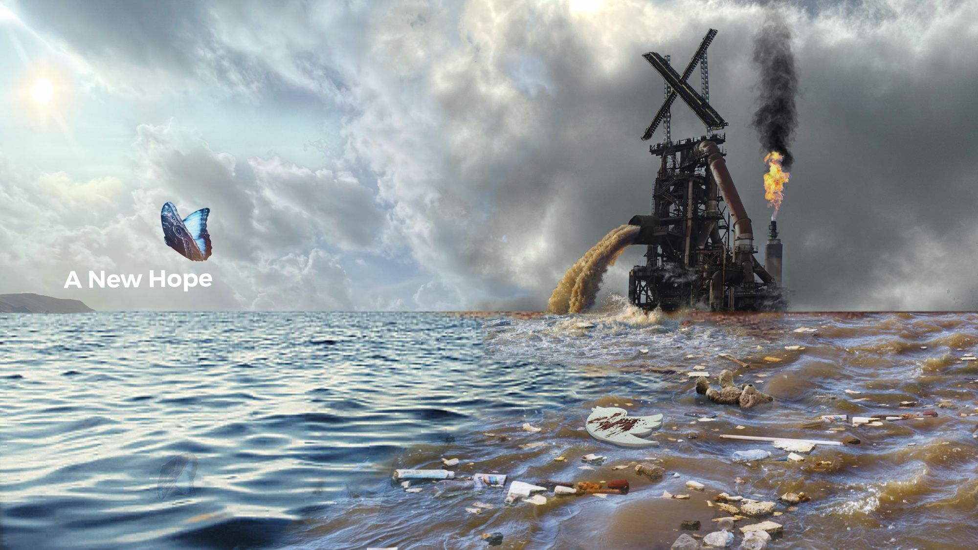 Left of image: A blue butterfly flying left towards sunshine and a hazy coast over a blue sea.  Right of image, dark clouds gather and the surface of the sea is littered with sewage and debris being pumped at an alarming rate from an industrial looking metal tower like a steelworks or oil refinery, topped with an enormous letter ‘X’. A firey plume shoots upwards from a flue on the tower, belching black smoke which merges with the dark cloud.