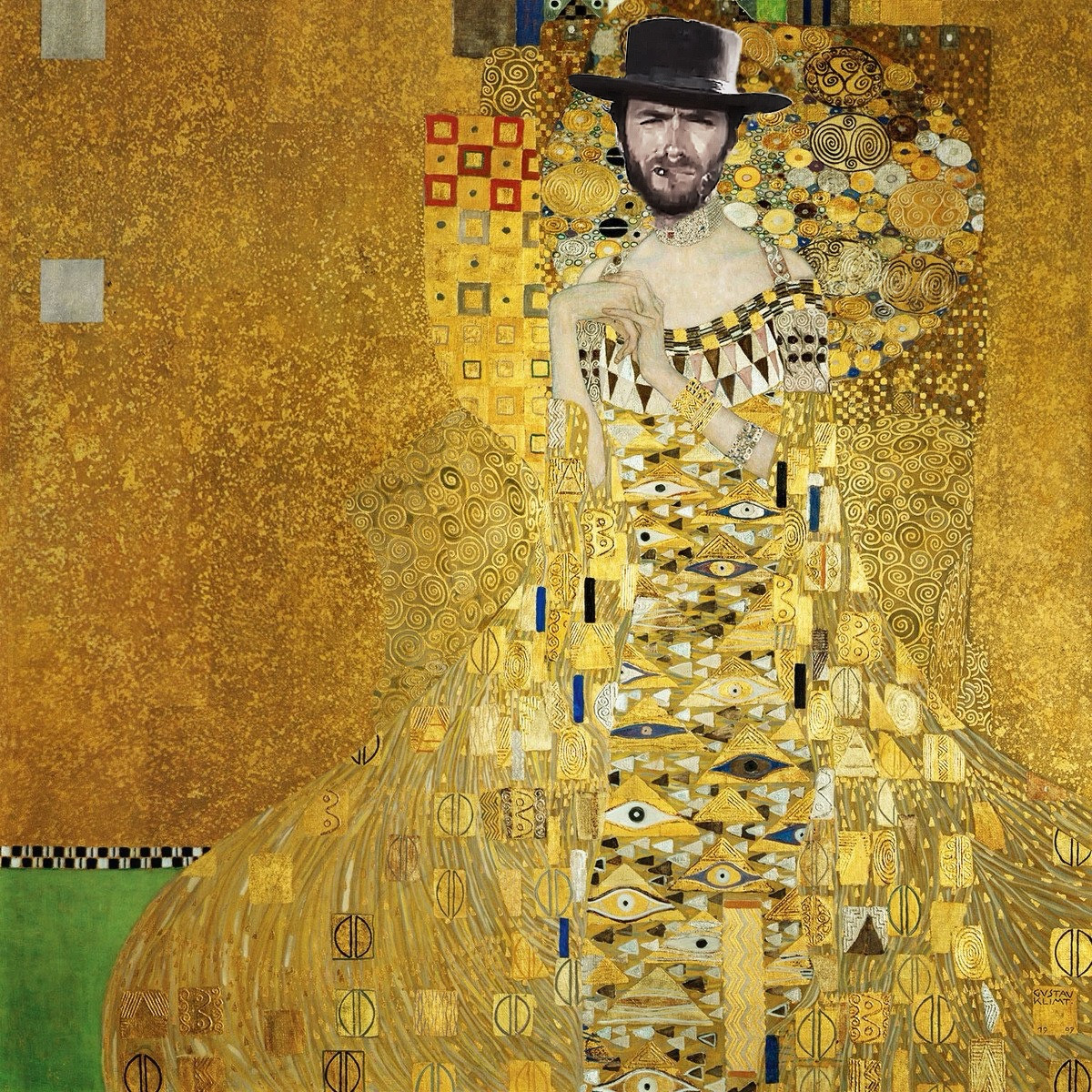 Clint Eastwood’s face (with cigar in the corner of his mouth and Spaghetti western man-with-no-name hat) superimposed over Gustav Klimt’s golden flowing patterned full length portrait of Adele Bloch-Bauer. 