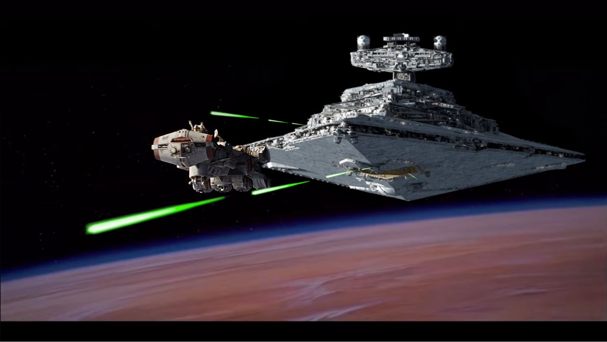 Small blockade runner Tantive IV attempting to evade giant Star Destroyer above planet Tatooine (mash up from different sources recreating Star Wars A New Hope -but not the original film photo because it had too much motion blur!)