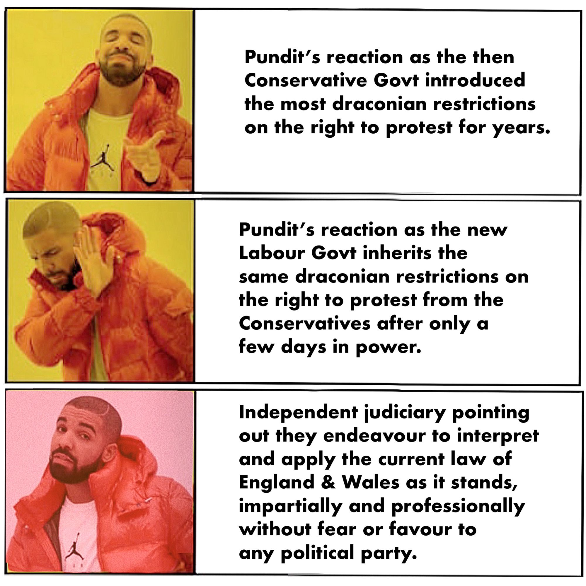 Drake meme - liking draconian laws introduced by the Conservatives, hating those same laws if inherited by Labour, and a third box with the judiciary pointing out they interpret and apply the law without fear or favour to politicians.