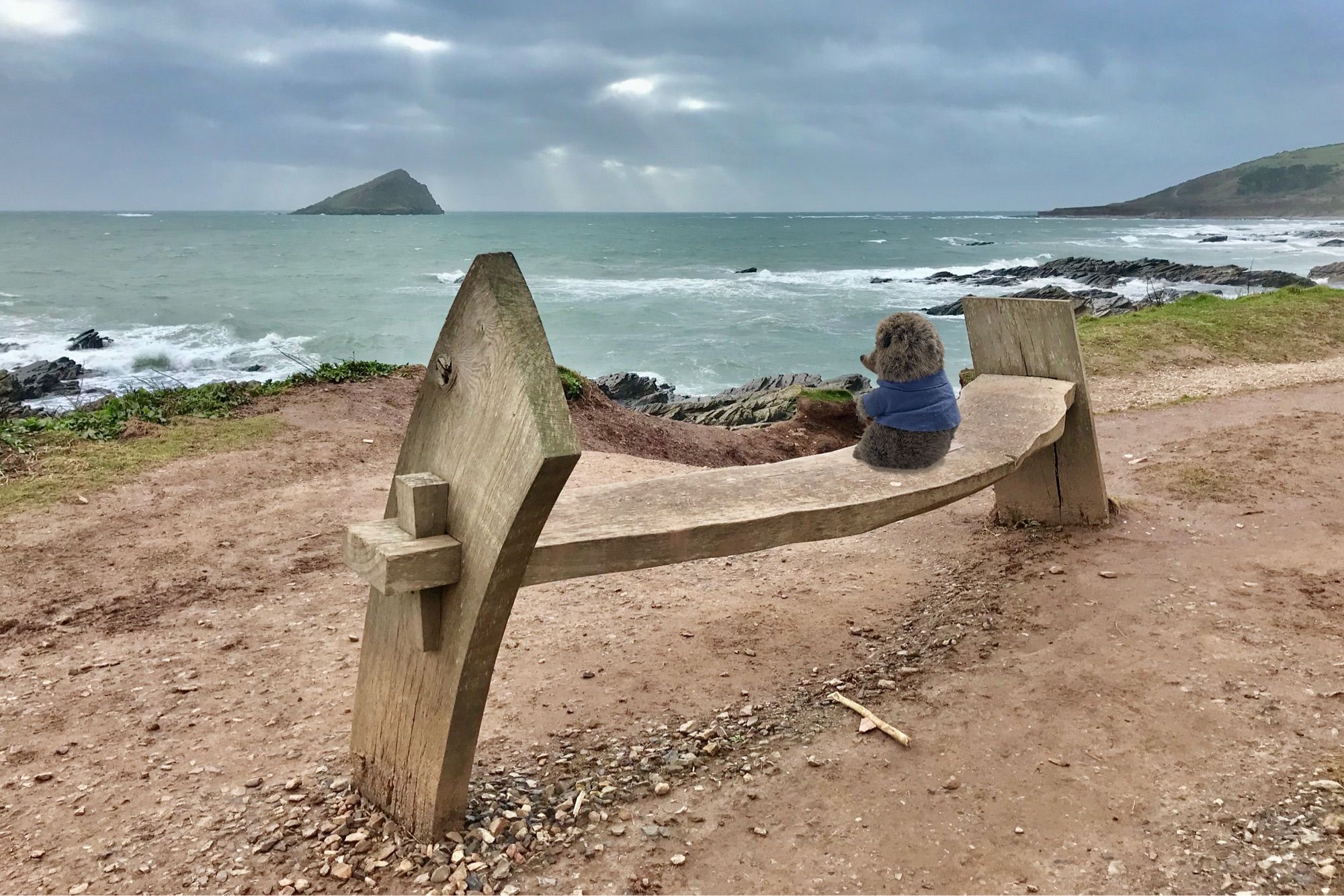 Coastline seen from a simple wooden plank bench in the foreground on a well trodden coastal path on an overcast day. Small shafts of light break through the cloud. A large triangular shaped island of rock protrudes from the choppy sea on the skyline like a giant sharks fin. A plushy hedgehog in a blue jacket sits on the bench looking out to sea.