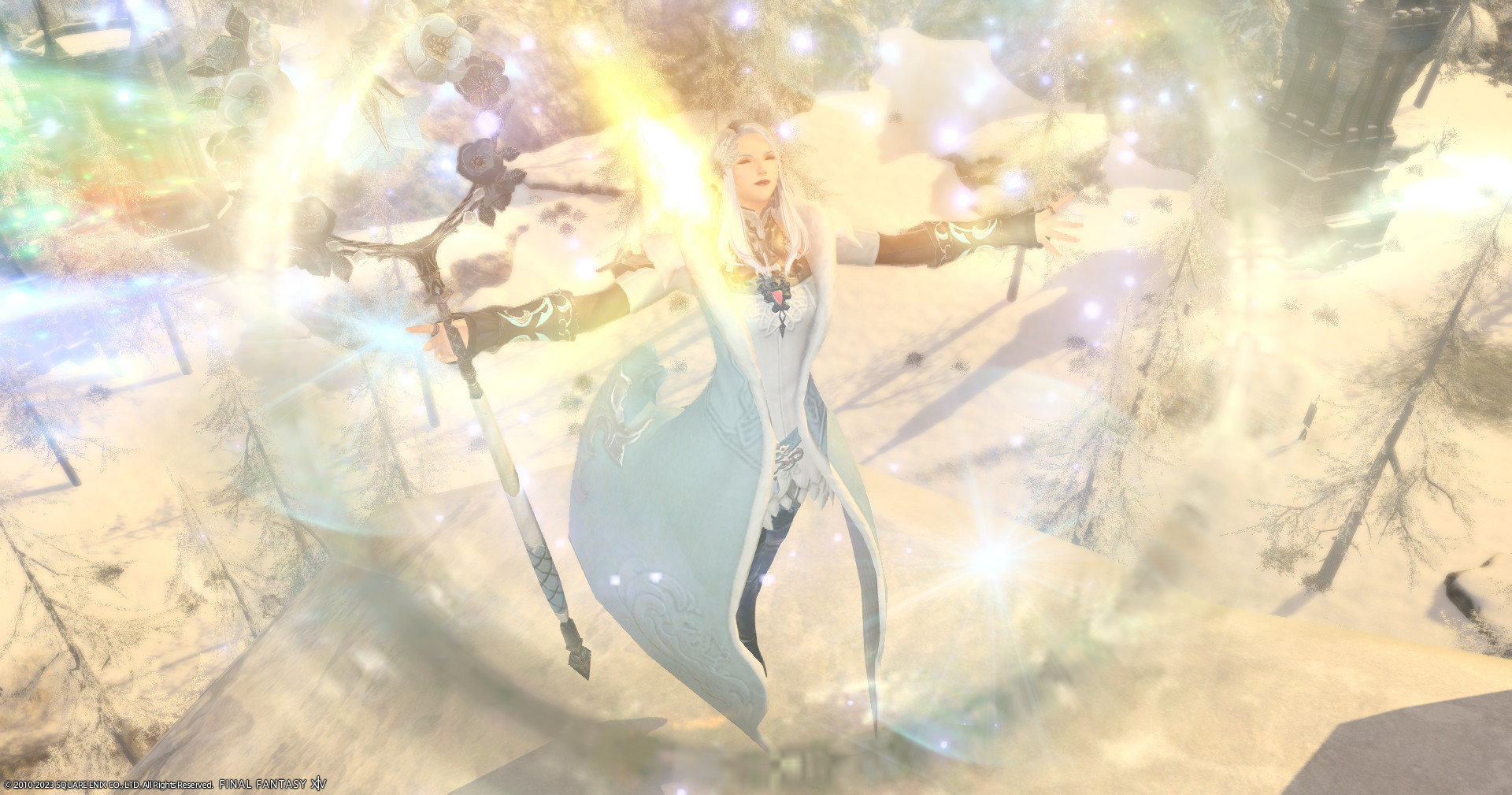 A screencap from final fantasy xiv. A female elezen is in the centre of the image, in the middle of casting a spell. The background is snowy. The character is surrounded by a bubble effect. She is wearing a pale blue winter coat and has her arms extended out to the sides. In her right hand she's holding a white mage staff. 