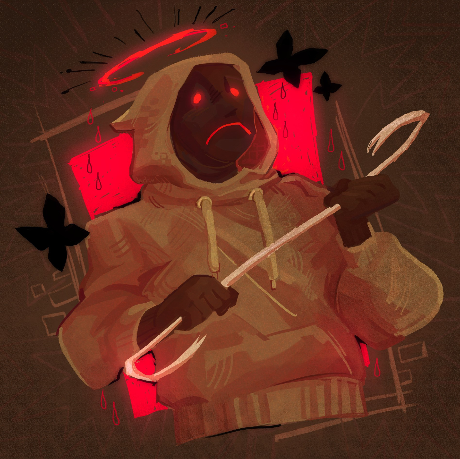 a painting of hoodie from marble hornets holding a crowbar