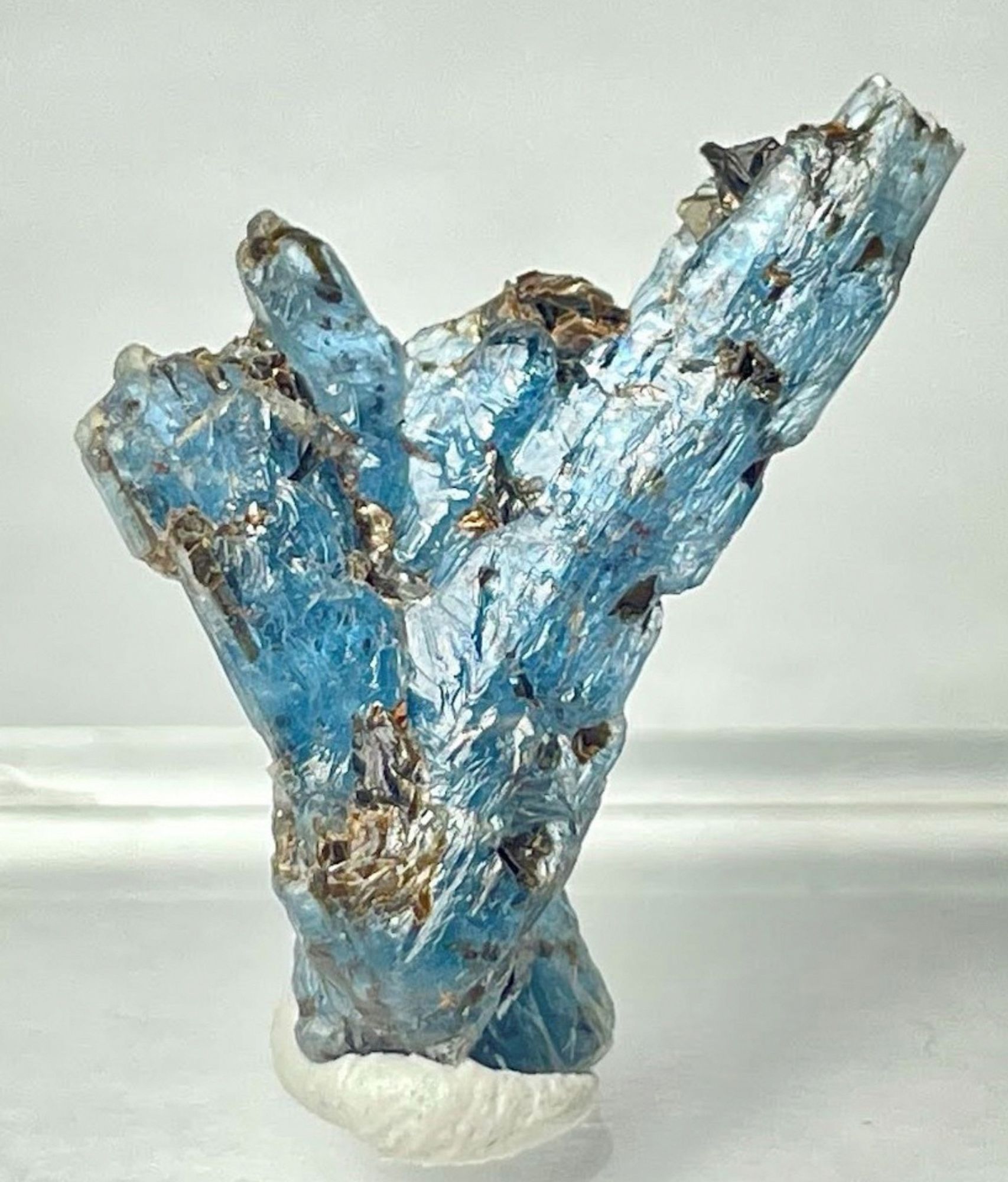 A sample of light blue kyanite peppered with bits of dark brown biotite.