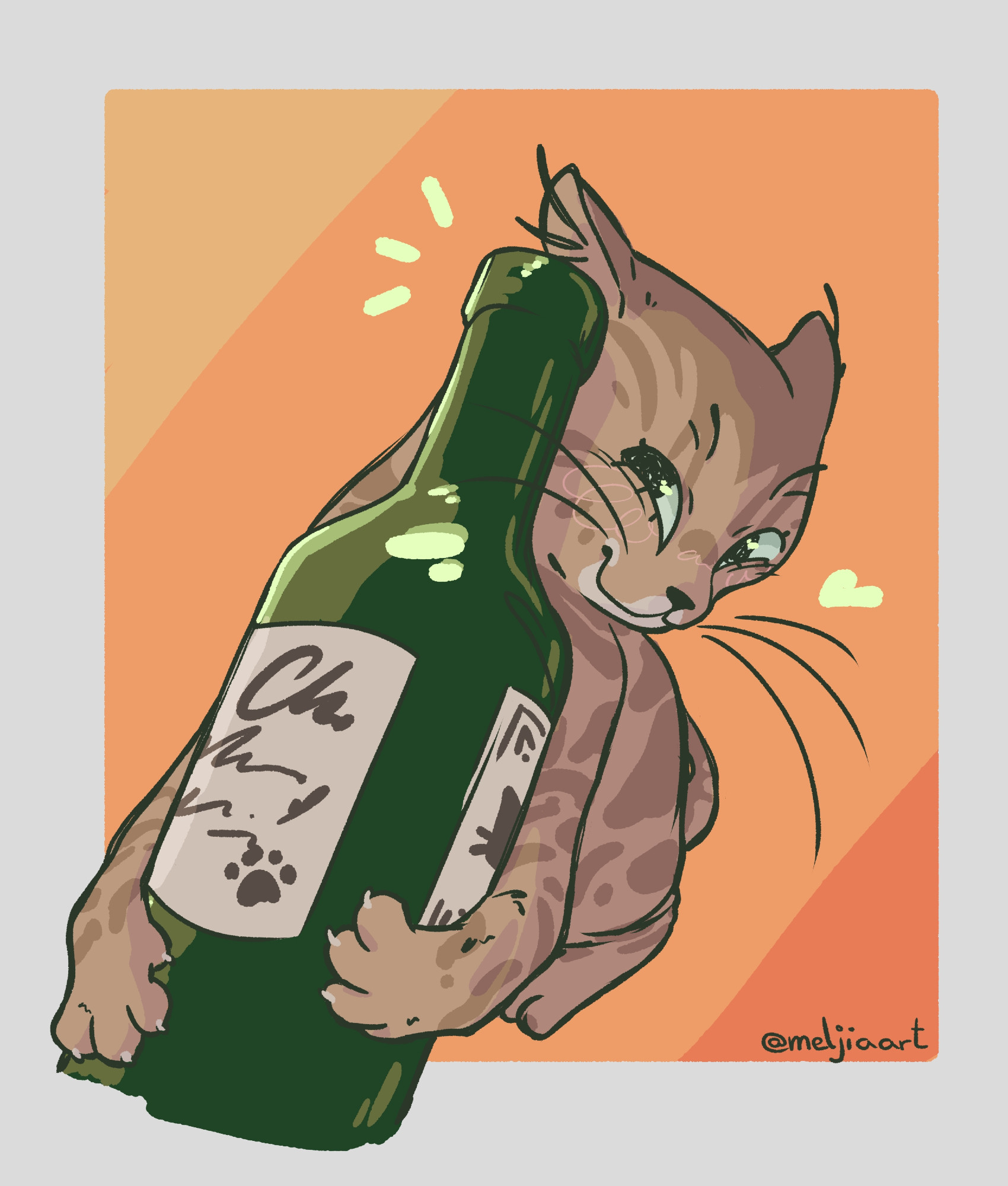 it's a drawing of a tabby cat holding onto a green whinebottle and smirking cutesy, not intending to let it go. To contrast the green bottle and the light green eyes of the cat I choose to color the background in three eyepleasing orange tones
