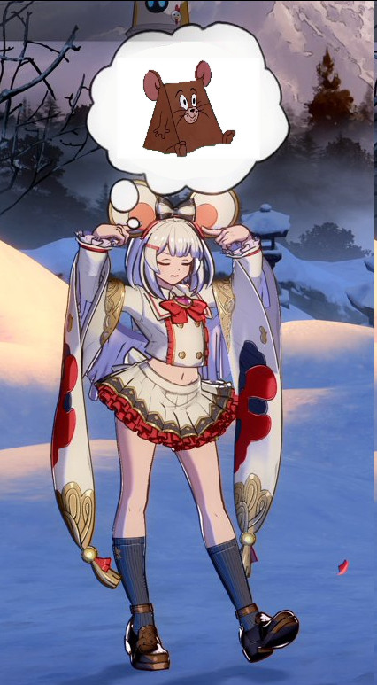 Image of Vikala from Granblue Fantasy Versus Rising thinking with a speech bubble above her containing in a photoshopped image of Jerry from Tom & Jerry who is shaped like a cheese