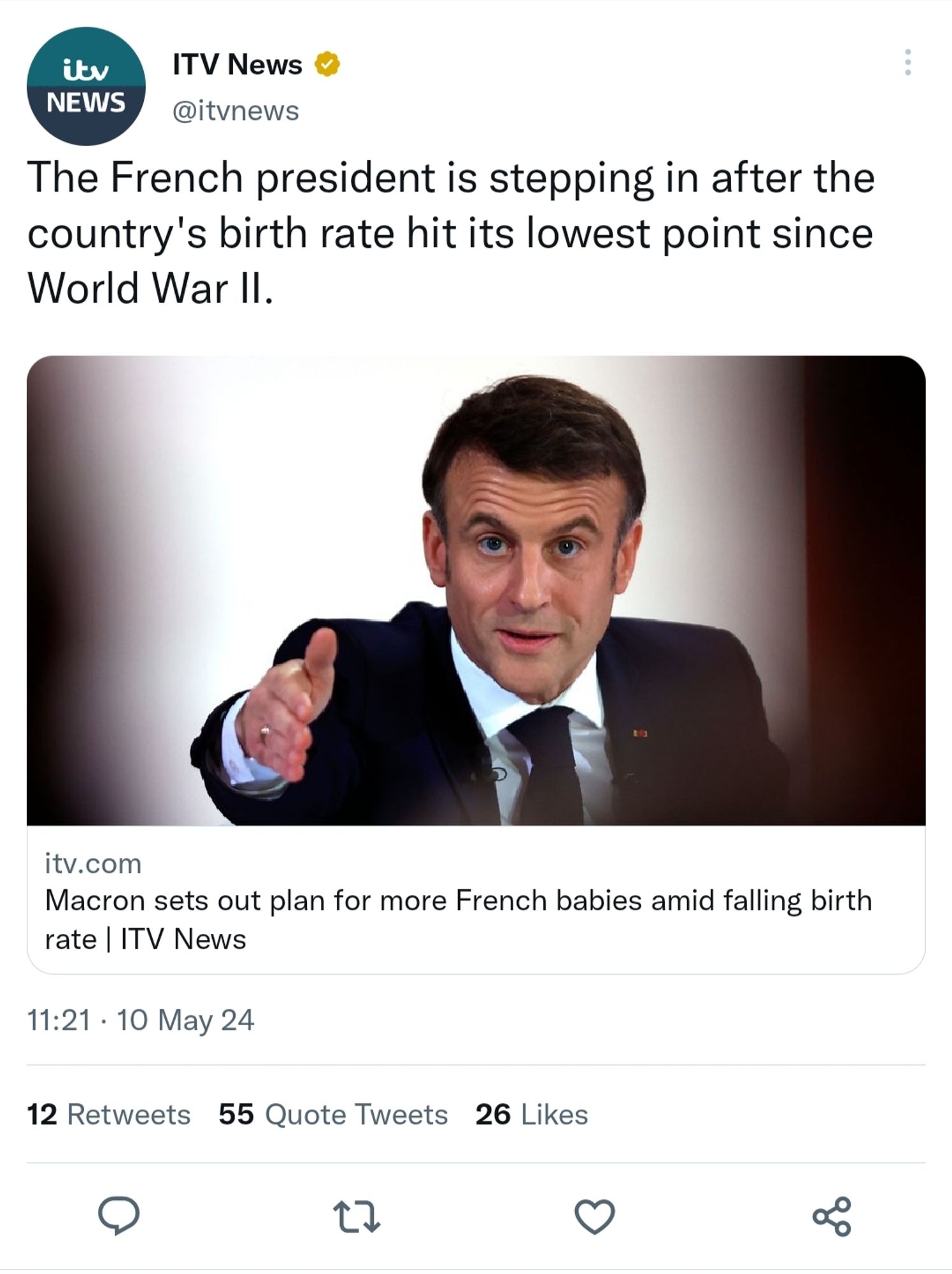 Tweet from ITV news with an image of Macron and headline "The French president is stepping in after the country's birth rate hit its lowest point since World War II."