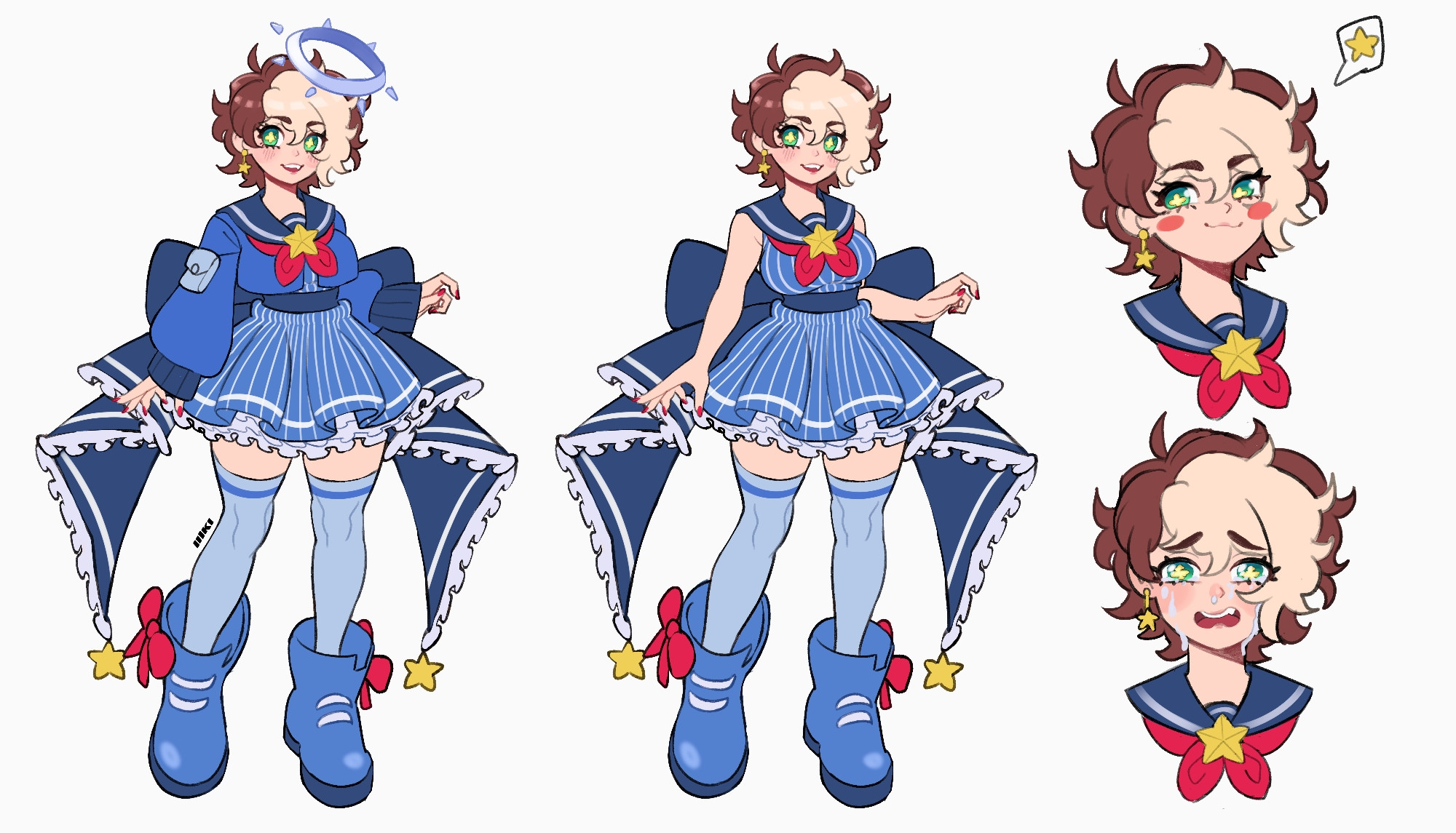 A reference sheet for RainyRentyn, your local magical girl!
She is a gal dressed in all blue with a huge back ribbon and brightly colored pink bows on her chest and big rain boots. 

It shows her standing both with and without her jacket. As well as both a smug and crying expression.