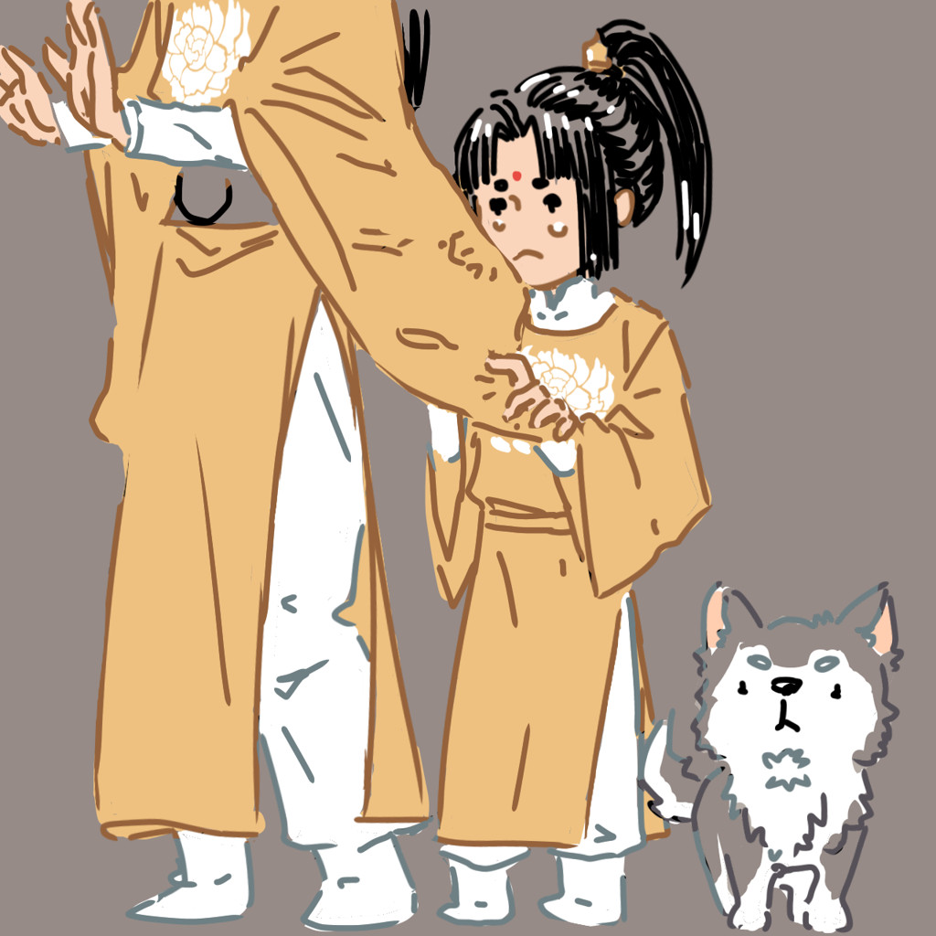 jgy holds his hands up in a placating gesture while a tearful jin ling hides behind his sleeve. fairy, still a small puppy, looks on inquisitively