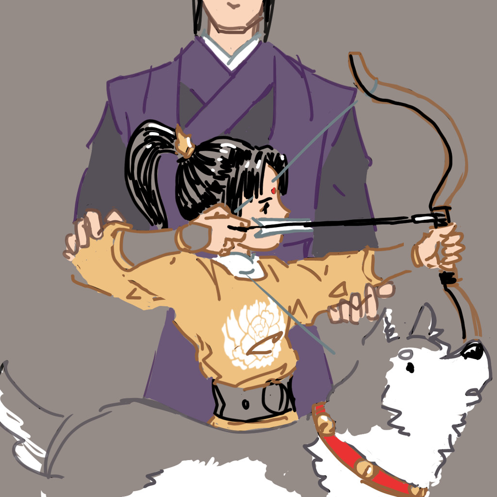 jin ling, a few years older, learns to draw a bow under jiang cheng's tutelage. fairy, much larger now, stands attentively by his young master's side