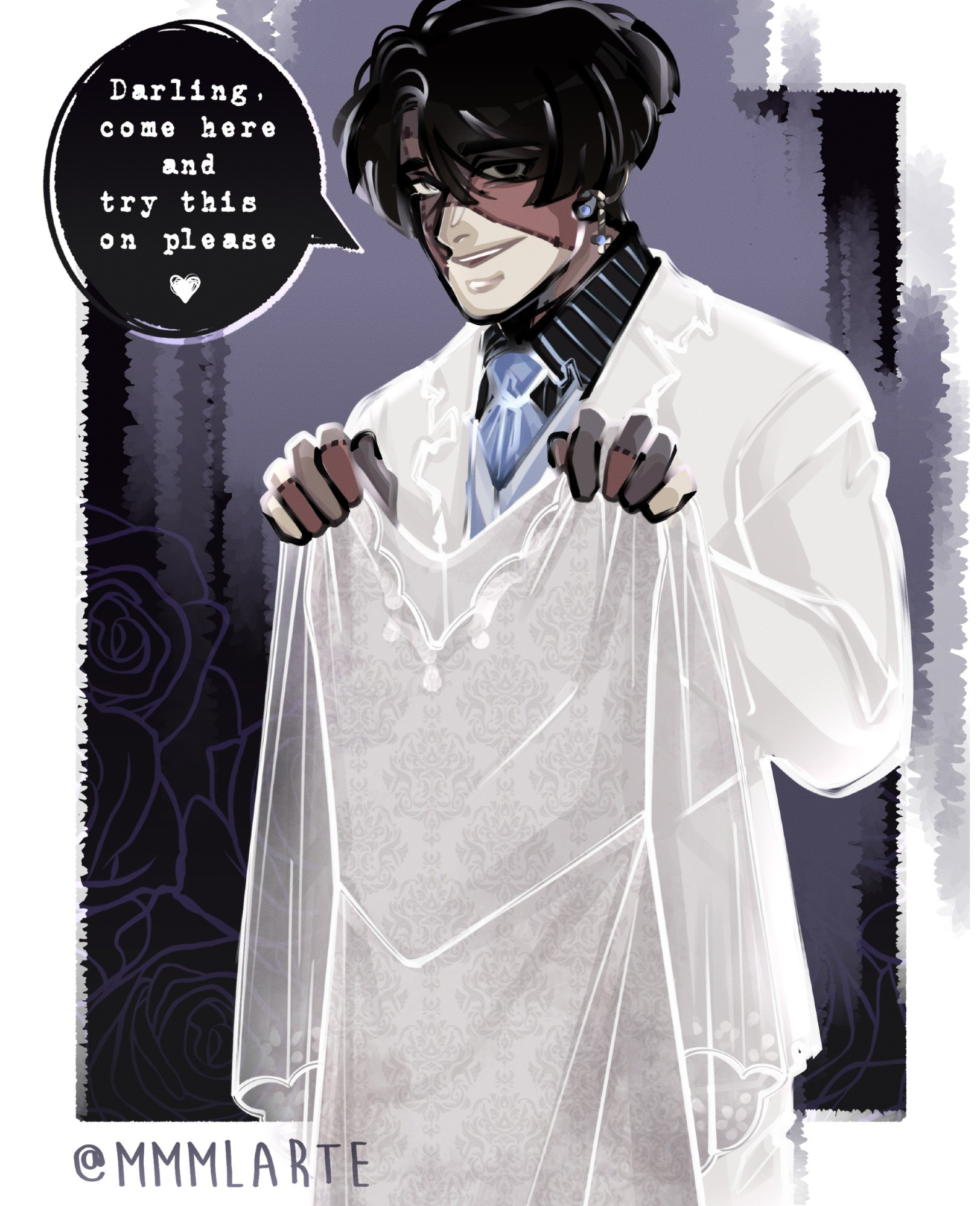 My OC Corpse Groom Aki is looking in front while holding out a dusty dress with both of his hands and a speech bubble beside him with the written dialogue 'Darling, come here & try this on please'

He's wearing a tattered all white suit with blue vest and cravat tie with black striped undershirt. His face and visible fingers have stitches & patches of discolored skin.