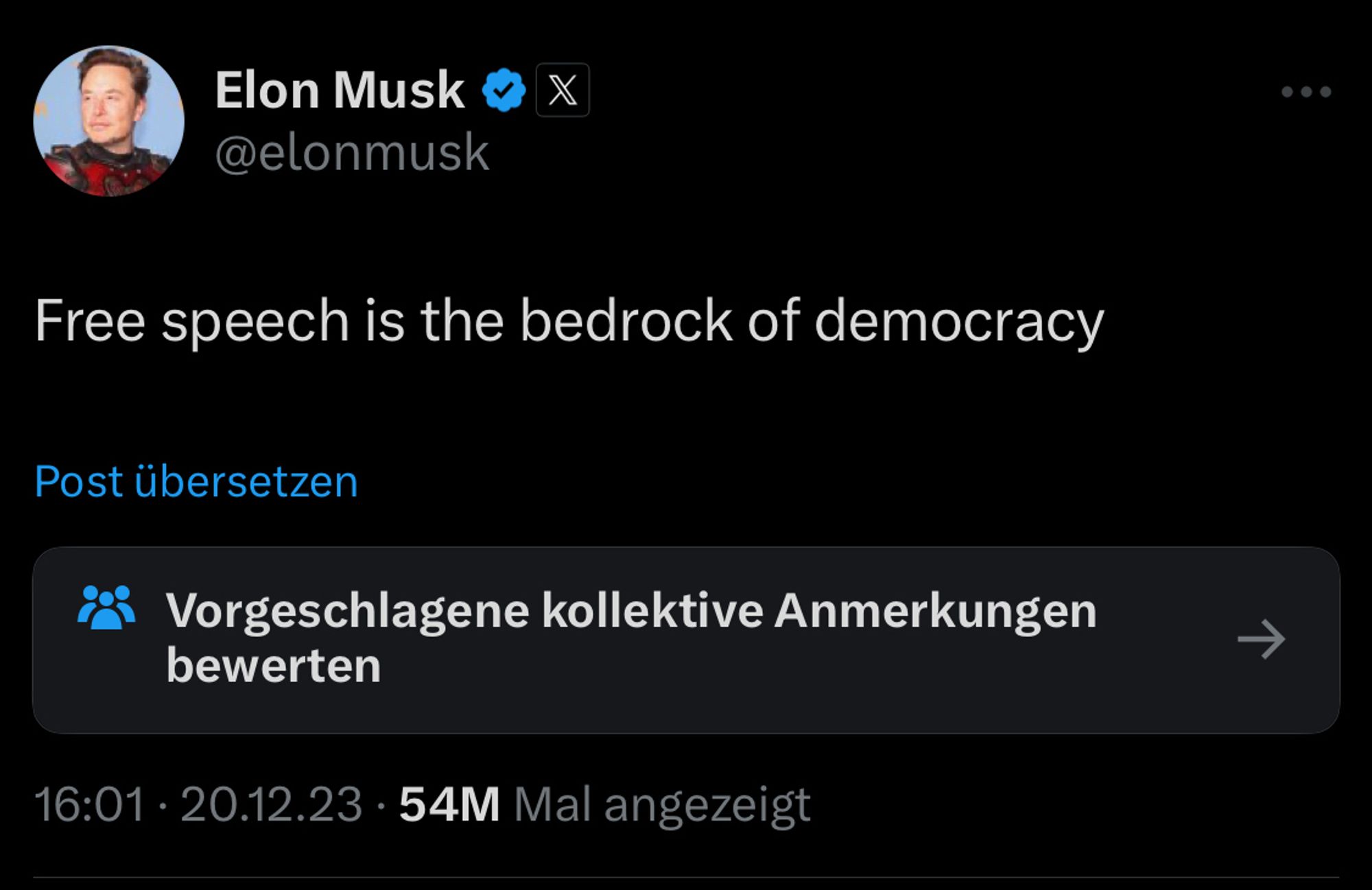 musk tweet vom 20.12.2023: "free speech is the bedrock of democracy"