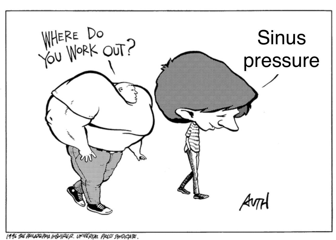 That one comic where it’s like
Buff guy: Where do you work out?
Guy with massive head: At the library 
Except the guy with the massive head is saying “sinus pressure”