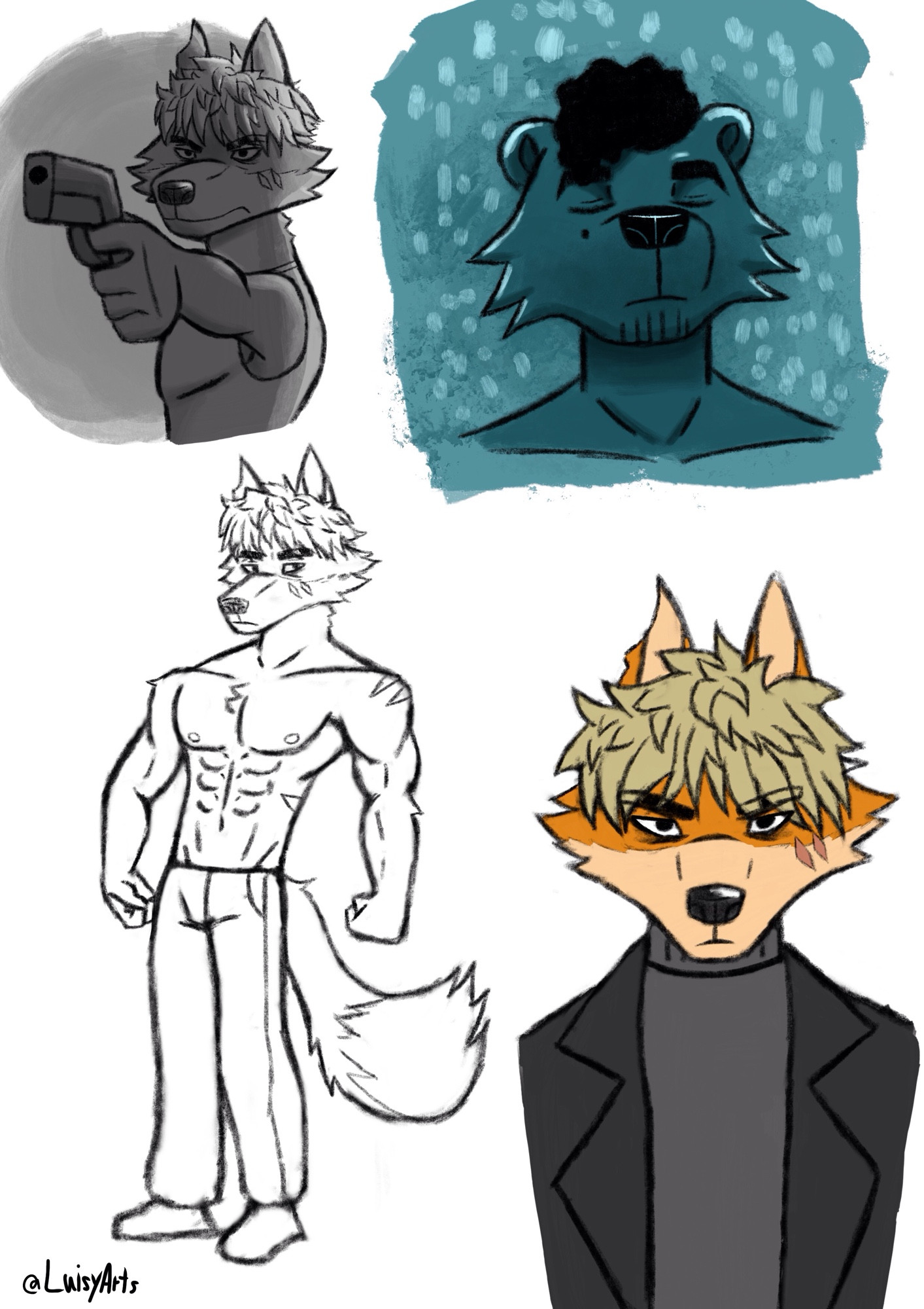 Some sketches of my OC Adam Axemann (blue themed sketch on top right is my sona)