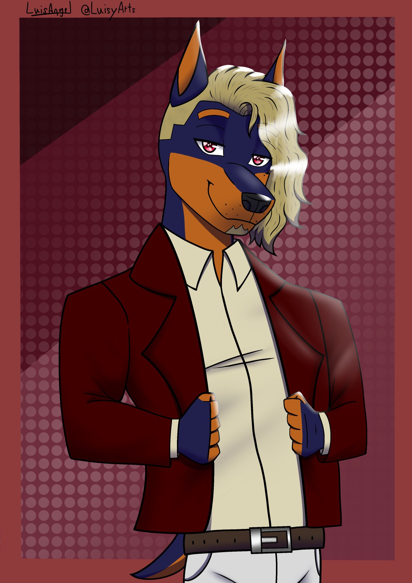 My OC Danton Matteau wearing a dark red blazer