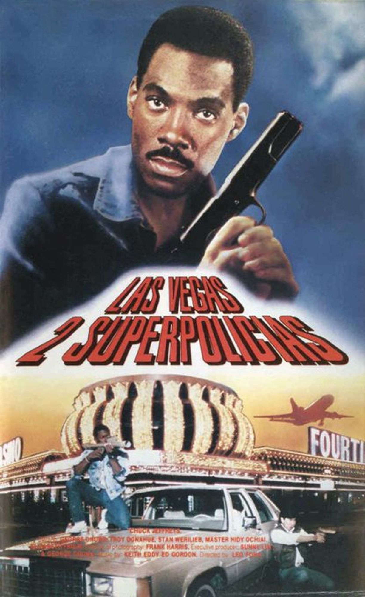 L'affiche espagnole de "Hawkeye" avec Chuck Jeffreys, intitulé "Las Vegas 2 Superpolicias" et avec en haut de l'affiche une photo d'Eddie Murphy... bien qu'il ne joue pas dans le film !