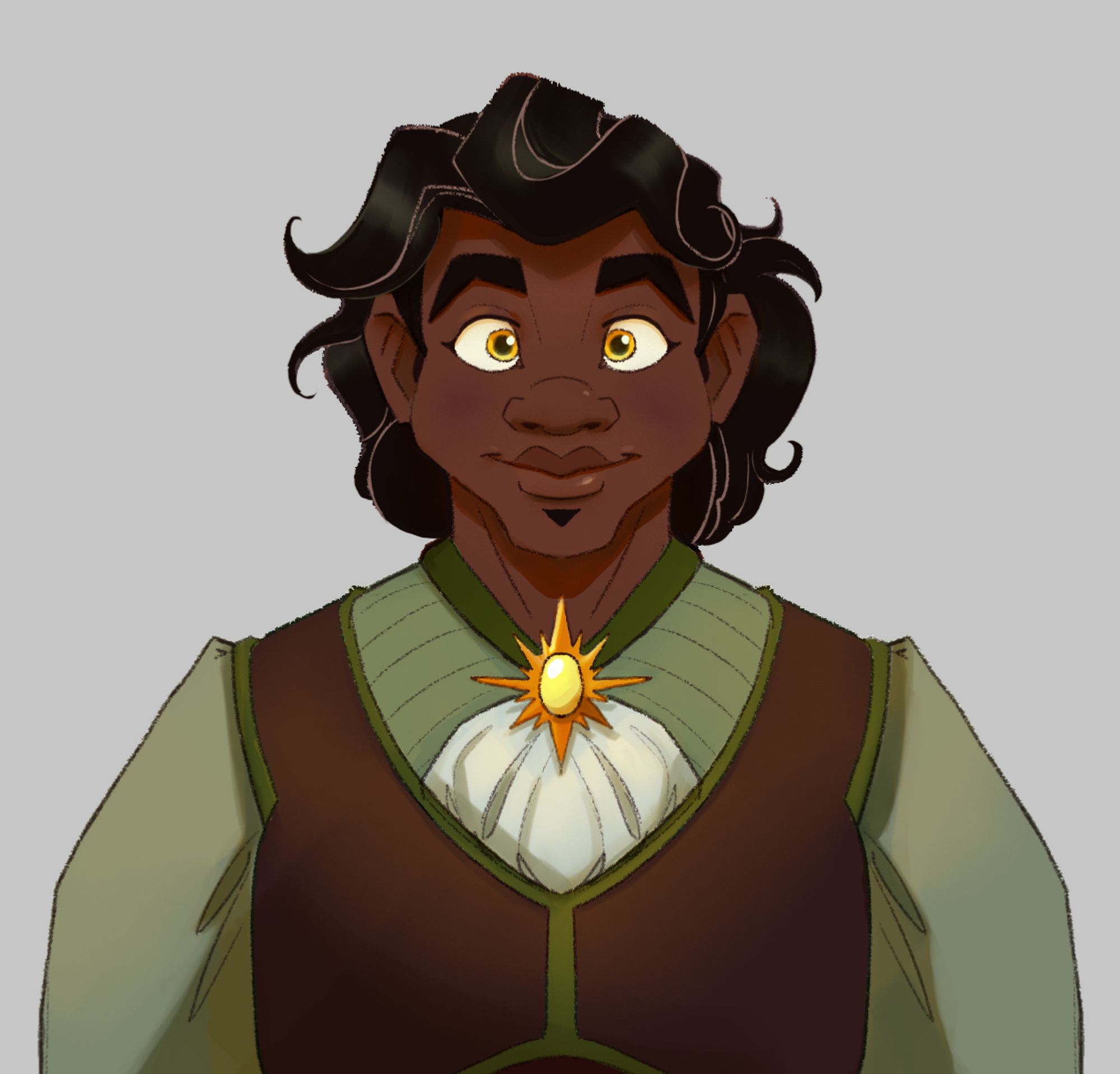 Character design of a young black man in a mint green shirt and brown vest with a sun pendant around his collar.