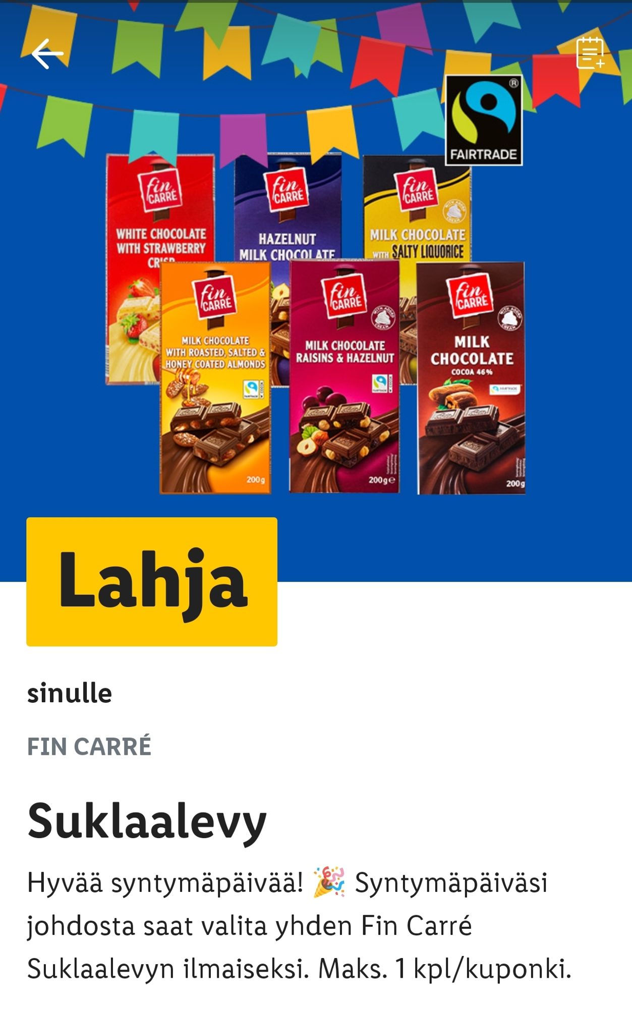 Lidlin sovelluksessa suklaalevy synttärilahjaksi.