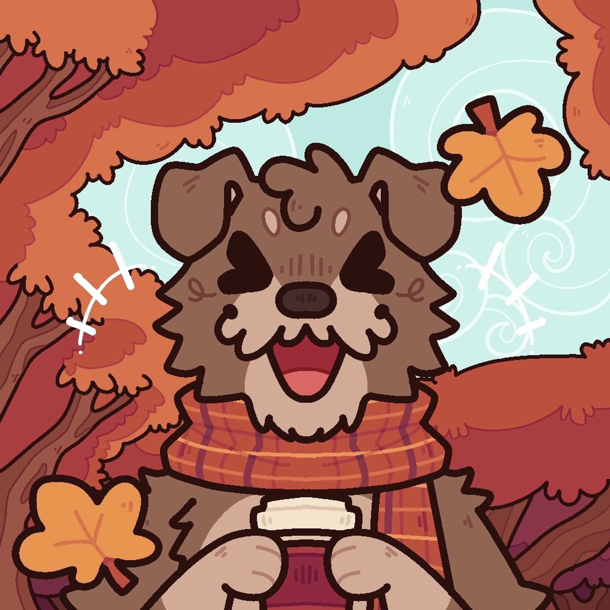 Neels, a brown and tan schnauzer, wearing a rusty red gingham scarf and holding a to-go coffee cup. She is in a forest with falling autumn leaves.