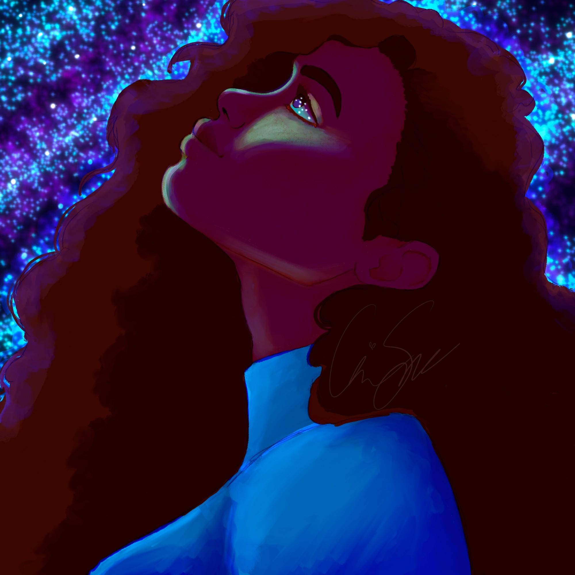 a drawing of a girl against a dark background. we see her side profile as she stares up at the night sky, smiling softly with stars in her eyes.