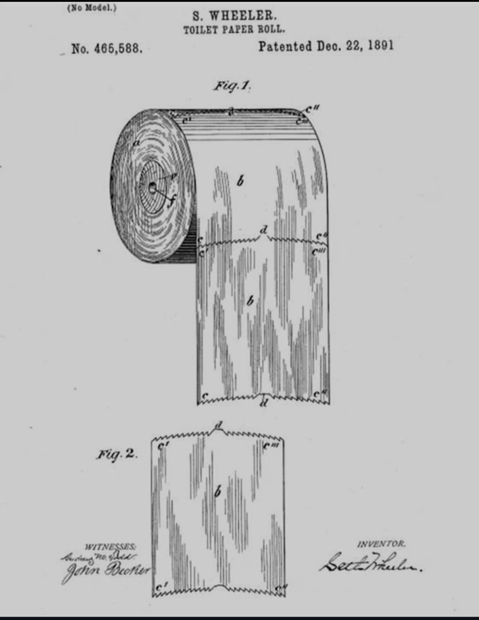 Drawing of the perforated toilet roll patented by Seth Wheeler in December 1891. Drawing submitted as part of the patent.
Drawing shows how he intended the rolls to be presented, with new sheet torn from the front of the roll.