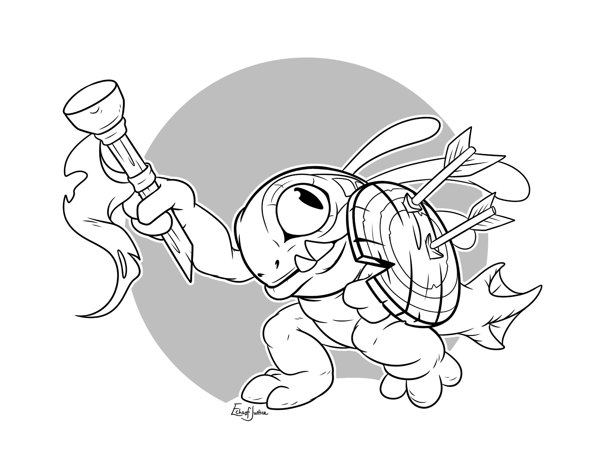 Linework of a murloc battle pet holding a flag and a shield with arrows in it for you to color