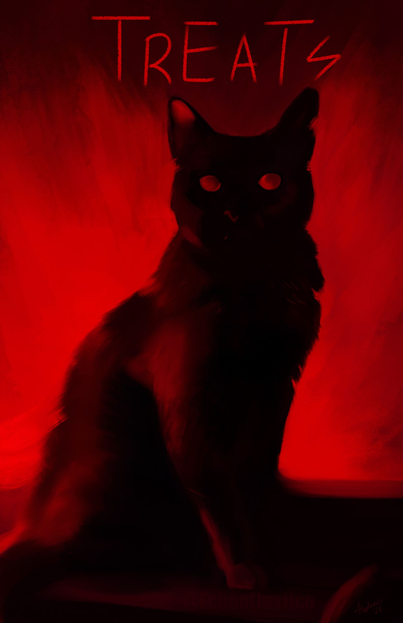 A black cat on a field of red, TREATS sprawls across the top