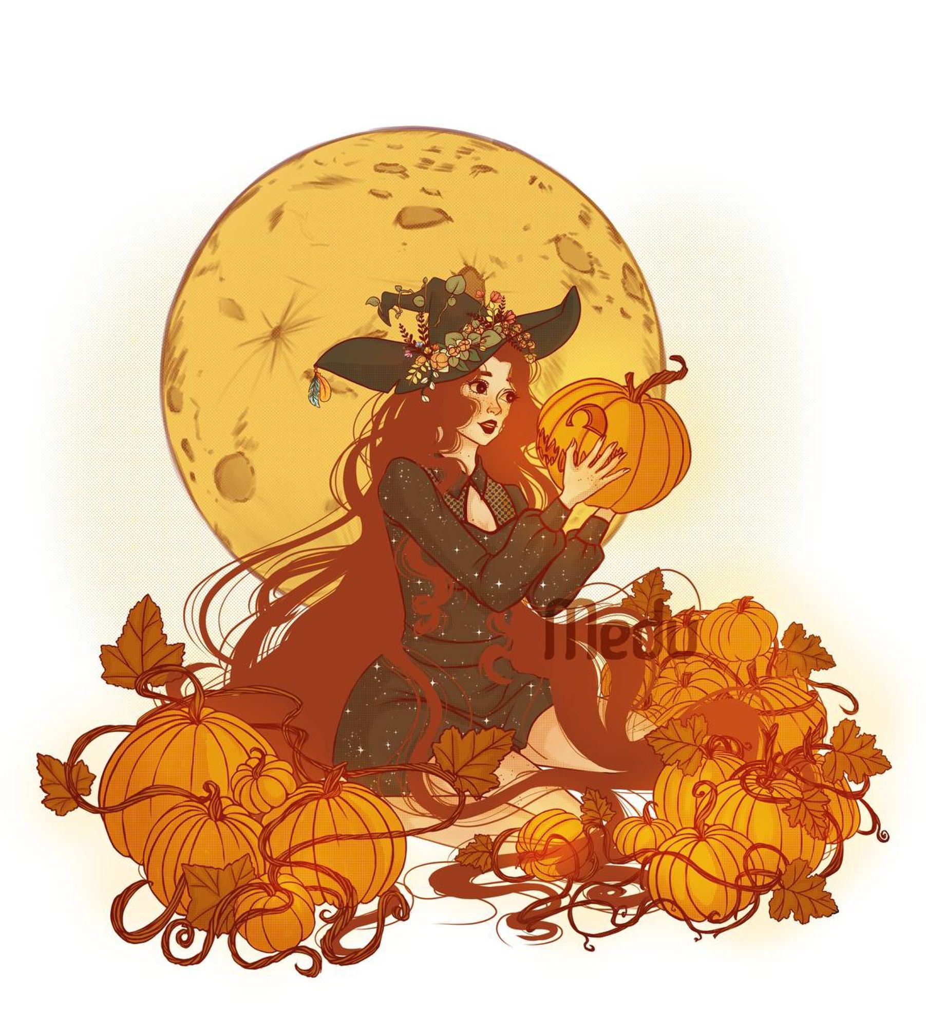 This witch wants to bringall those pumpkins  to live, because she loves them so much that she thinks they will be by her side. This is the second illustration that i made with halloween theme.💖