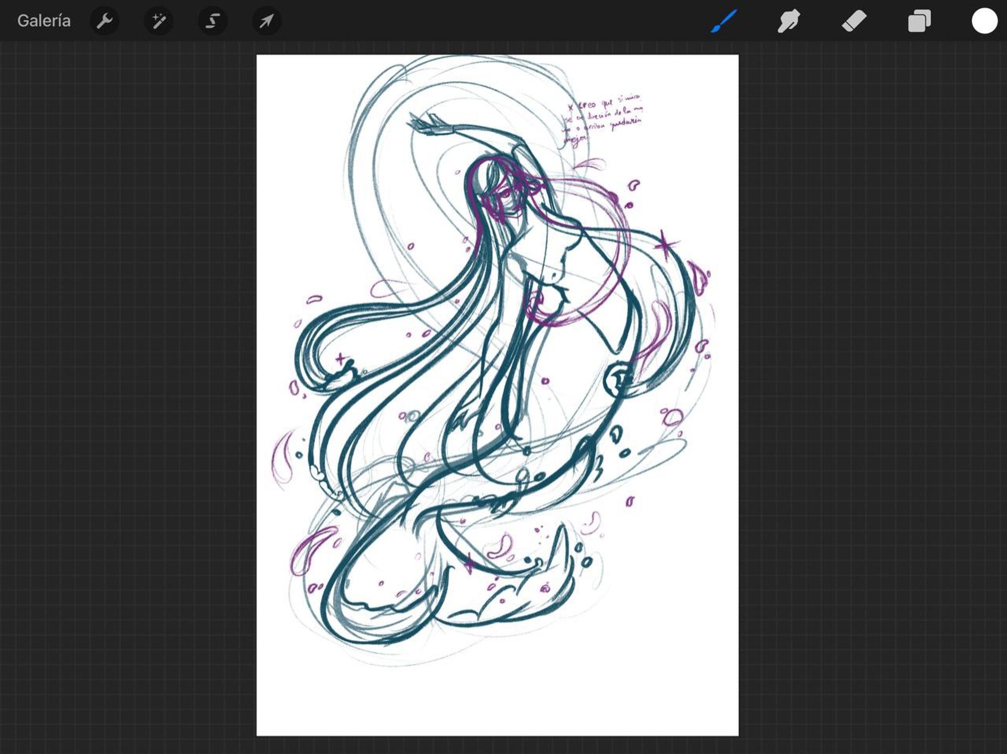 Messy sketch of a mermaid with waves