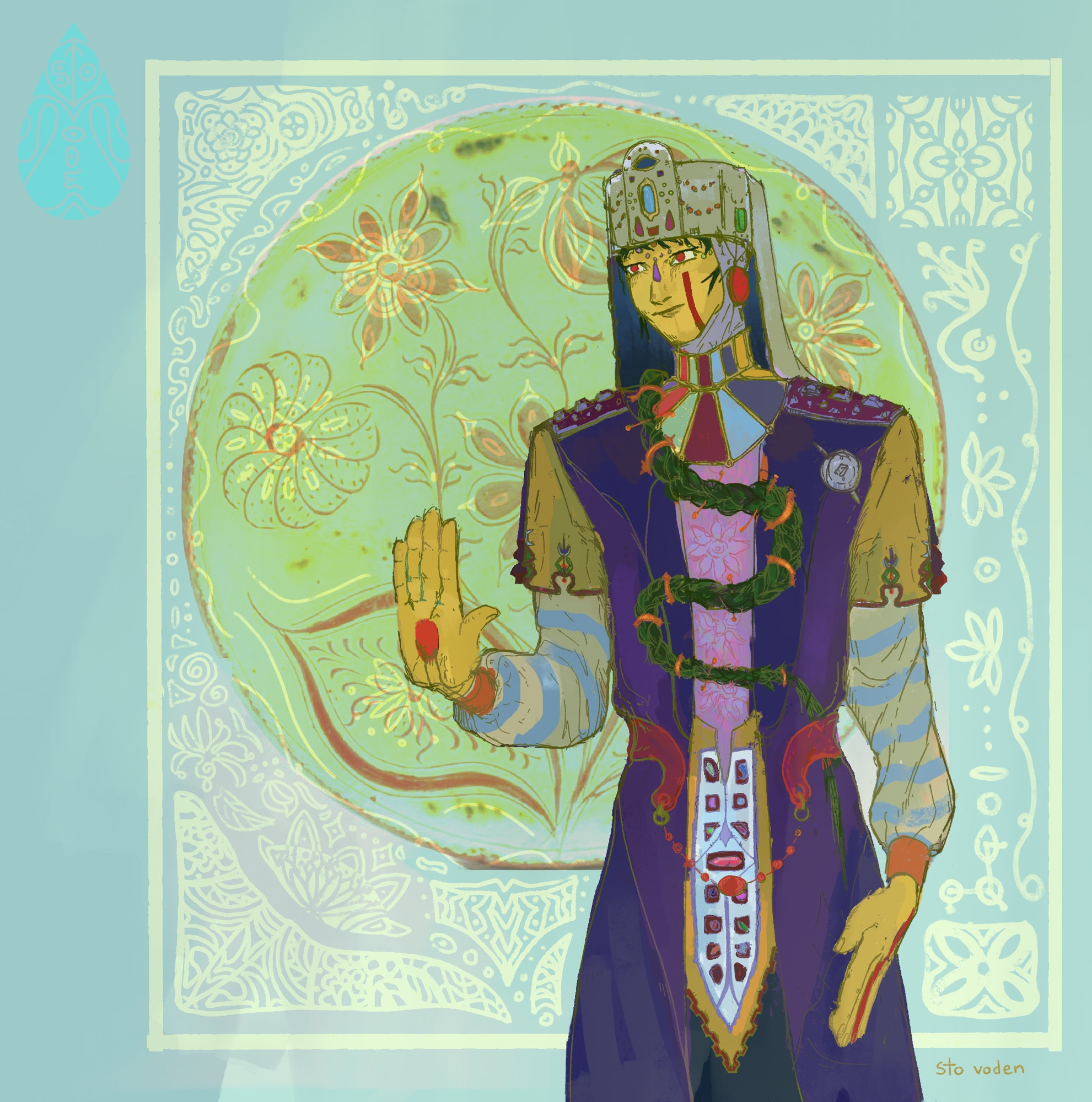 A colorful & intricate illustration of the artist’s original character, Honey Locust. He has golden skin, dark green hair, and a red line going down his face, starting under his left eye. He wears an elaborate multi-layer outfit embedded with jewels. His braided hair weaves down the purple robes like a snake, fastened in place by small rings and pins. He wears a wimple on his head, which cascades down his back. Behind him is a stylized photograph of a hand-painted ceramic plate. Around this plate is an almost glowing rectangle filled with round & intricately drawn botanical motifs. 