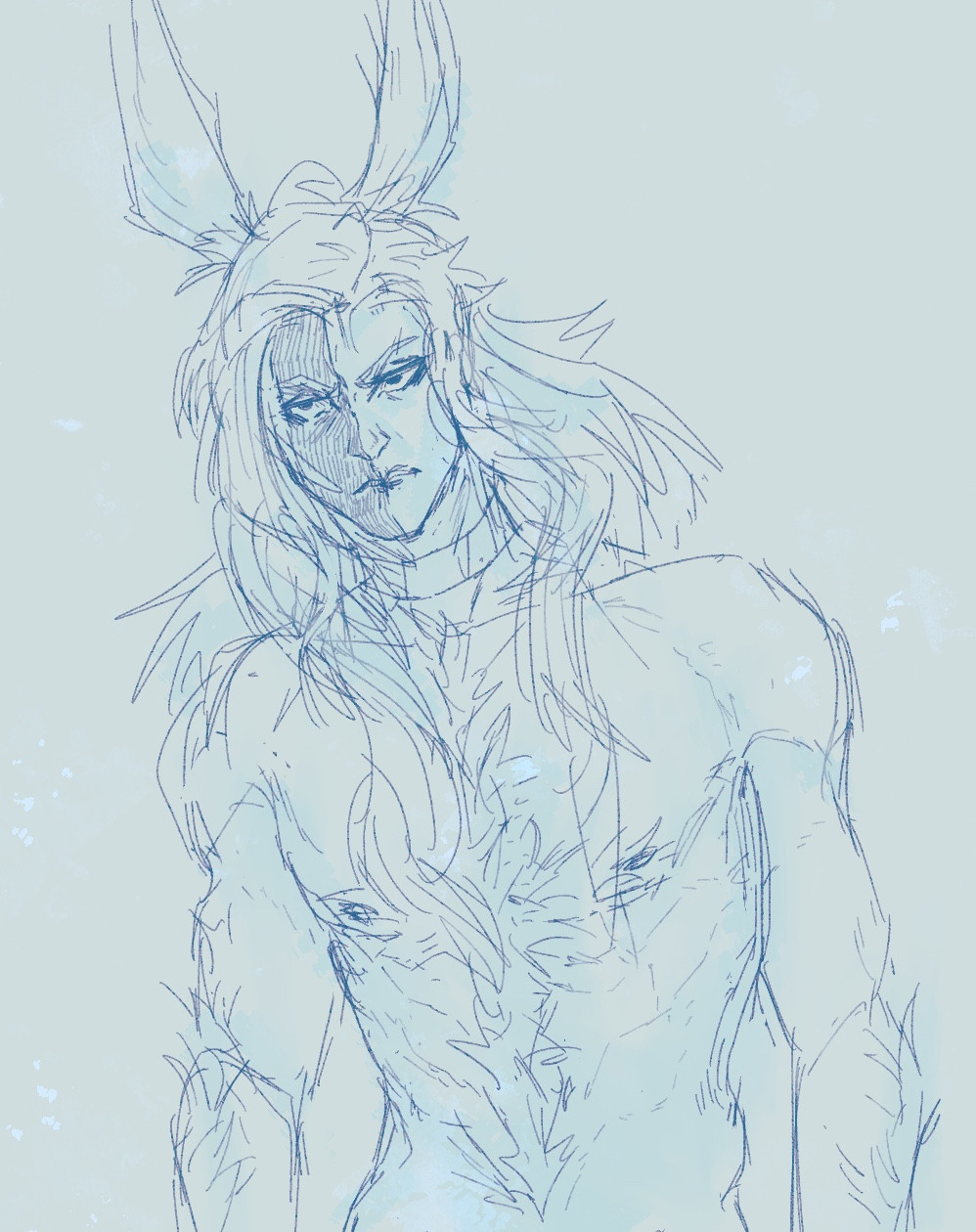 A very messy sketch of Riddle, a buff hairy man with tall bunny ears. His huge wild hair pours over his chest and back. He is wearing a choker because I initially was going to draw him wearing a turtleneck before deciding he needed to be shirtless.