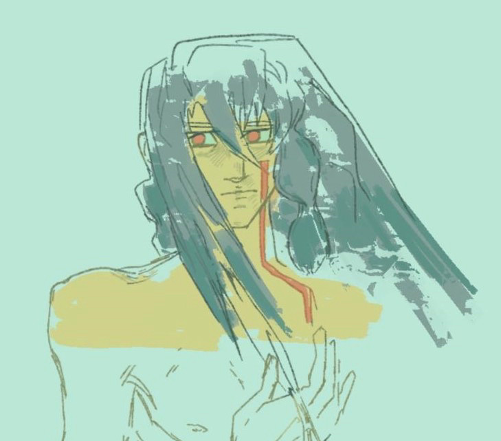 A digital drawing of my original character, Honey Locust, captures him gazing off into the distance with a melancholic expression. His long, thick hair sways in the wind to the right, in the opposite direction from his gaze. Much of the illustration is intentionally unfinished—the pastel yellow of his body stops just below his clavicle, while his chest and hand remain outlined but uncolored.